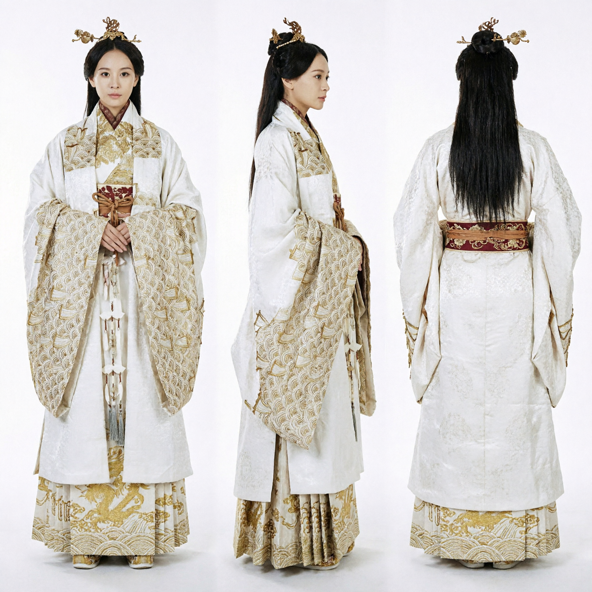 Ancient Chinese Hanfu Costume White Gold Embroidery Han Dynasty Noble Lady Traditional Dress for Women