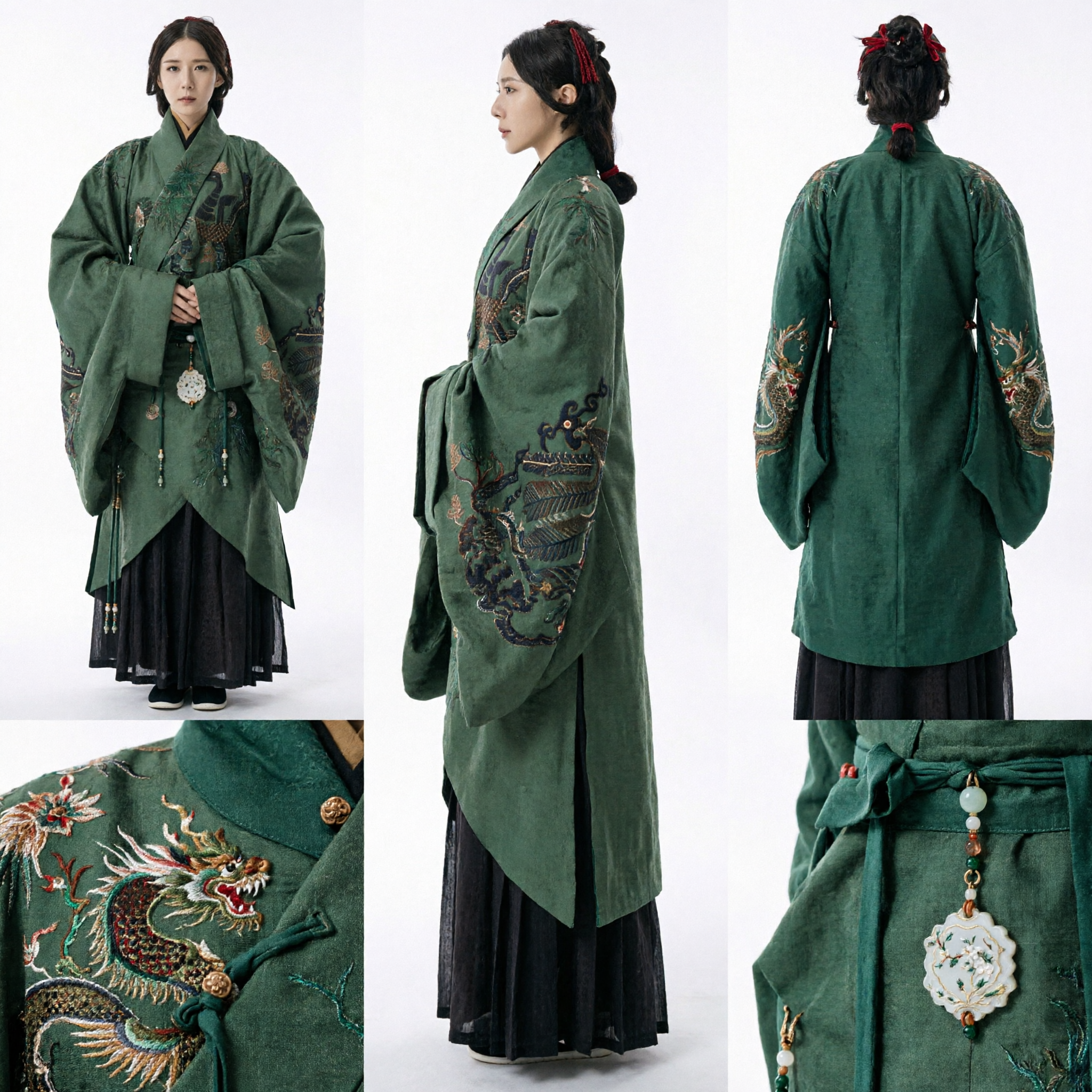 Chinese Traditional Hanfu Ancient Noblewoman Costume Dark Green Embroidered Wide Sleeve Robe for Women
