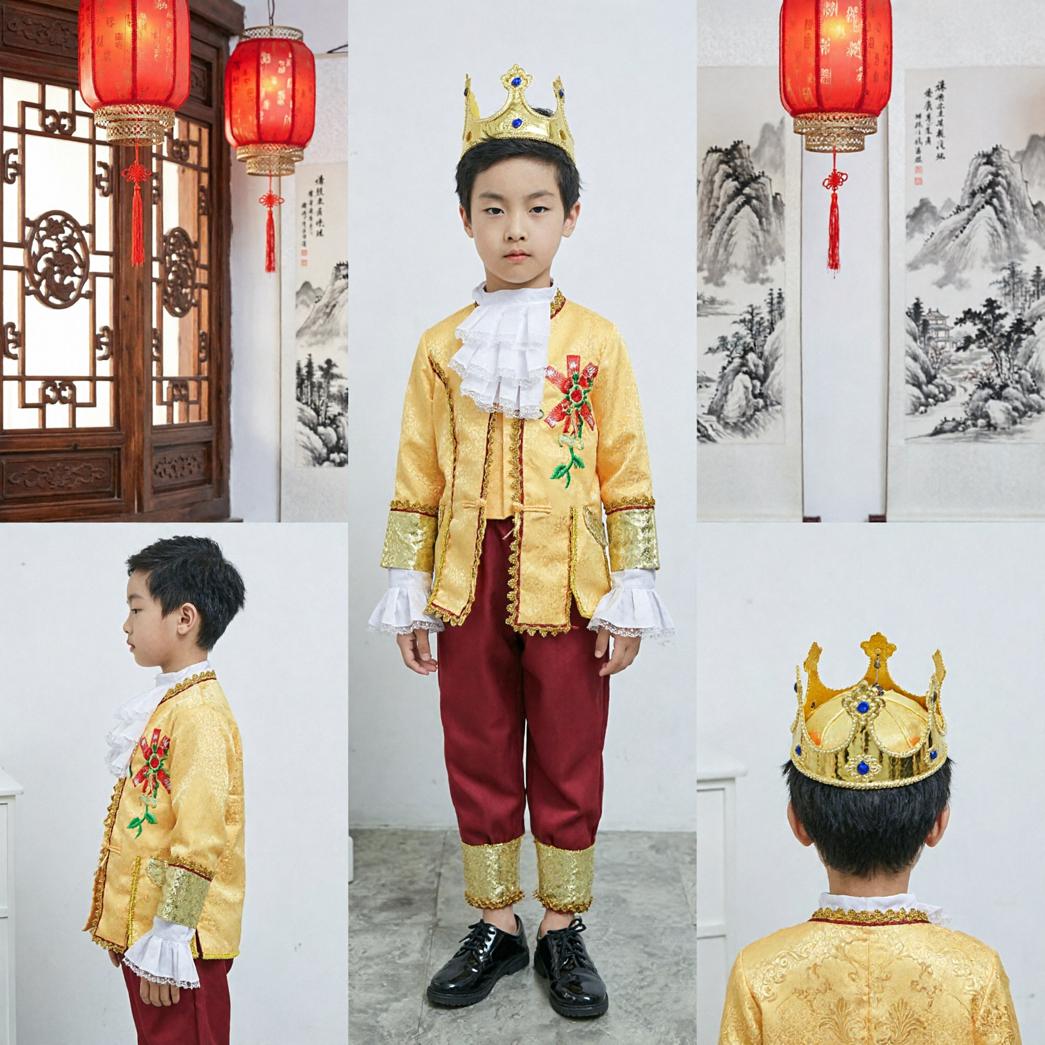 Boys Royal Prince Costume Set with Crown Yellow Jacket and Red Pants for Halloween Performance