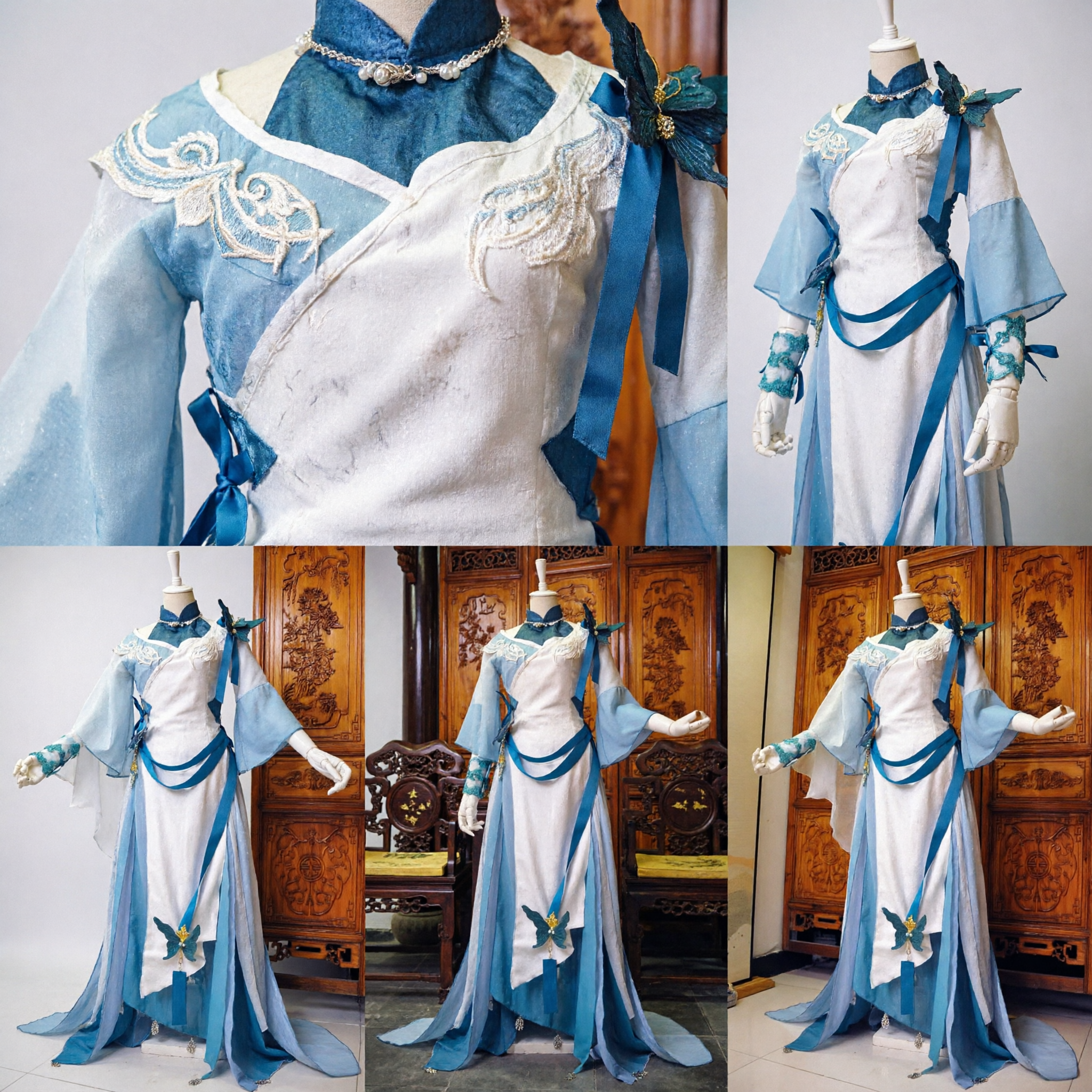 Chinese Ancient Fairy Hanfu Costume Blue White Embroidered Dress for Women Cosplay Stage Performance
