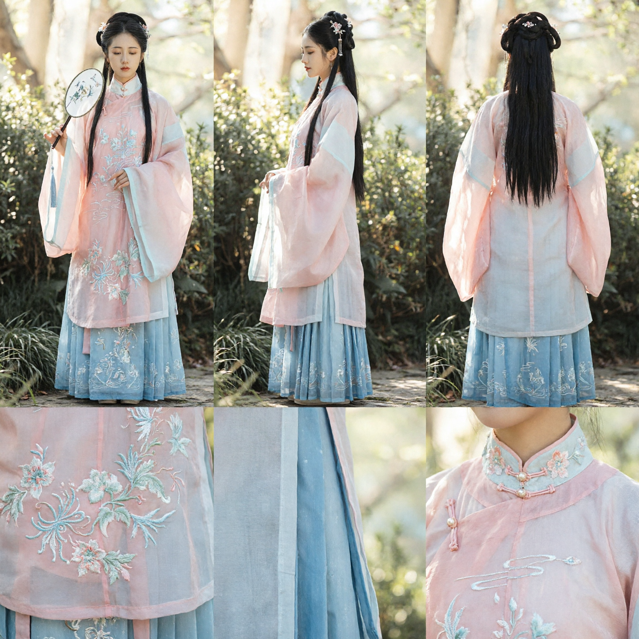 Elegant Traditional Chinese Hanfu Costume Pink Floral Embroidery Standing Collar Top and Green Pleated Skirt Set