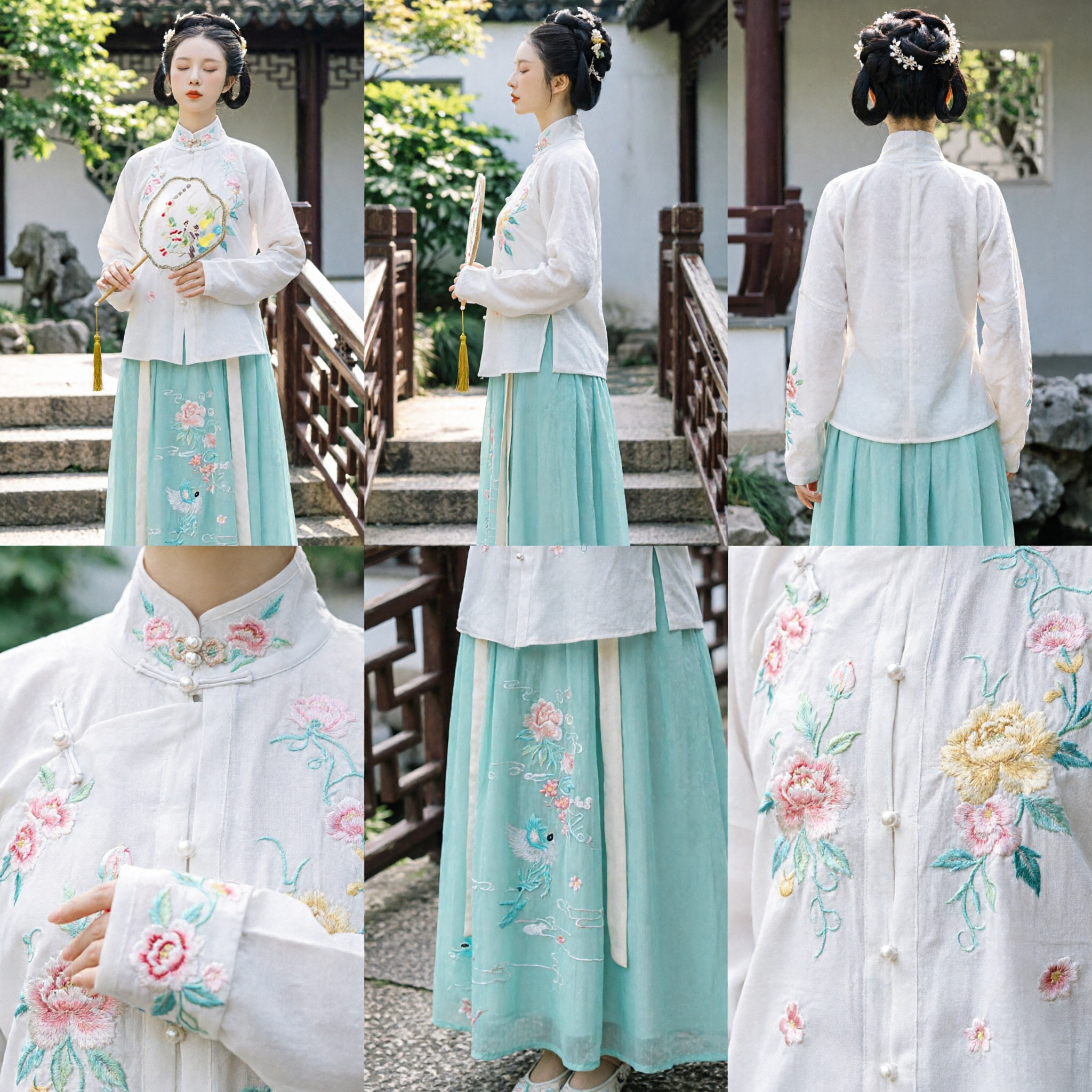 Elegant Traditional Chinese Hanfu Ming Style White Embroidered Top and Blue Skirt Ancient Costume for Women