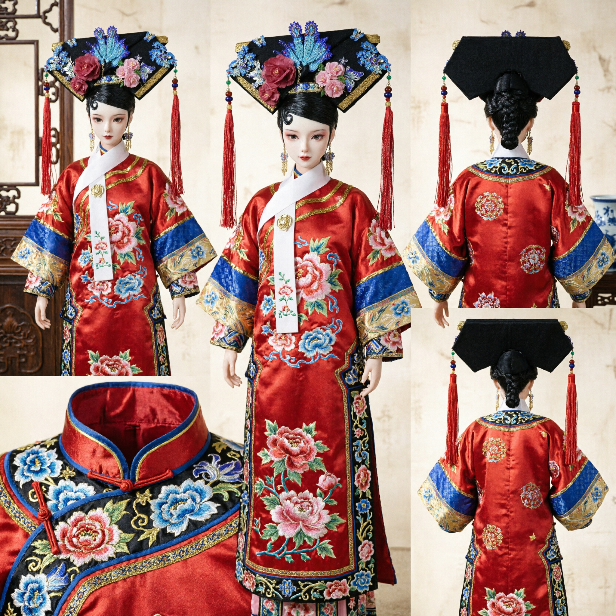 Traditional Chinese Qing Dynasty Empress Phoenix Headdress with Floral Ornaments and Red Tassels for Woman Costume Cosplay