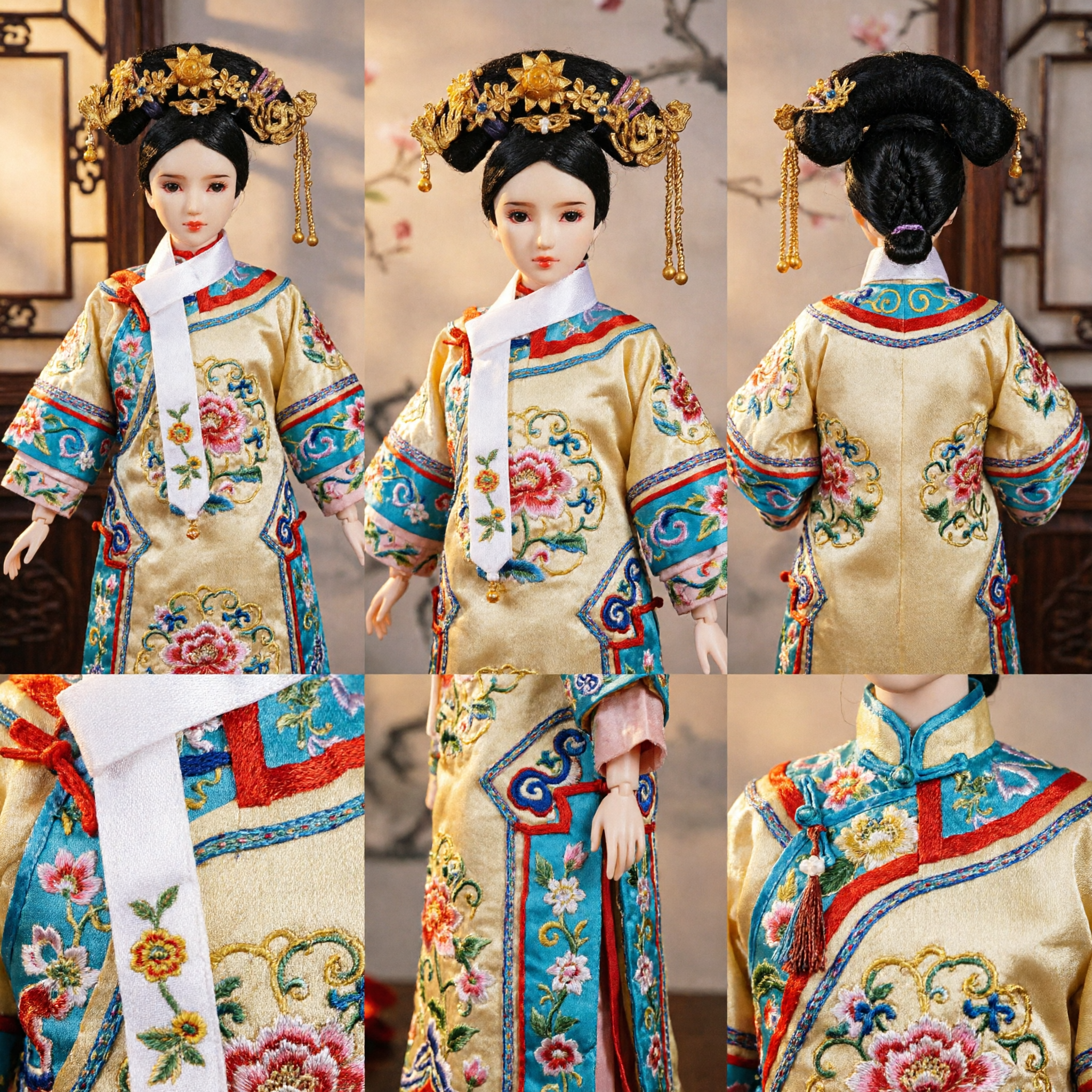 Chinese Ancient Qing Dynasty Manchu Phoenix Coronet Headpiece Gold Hair Ornament for Dolls and Traditional Costume