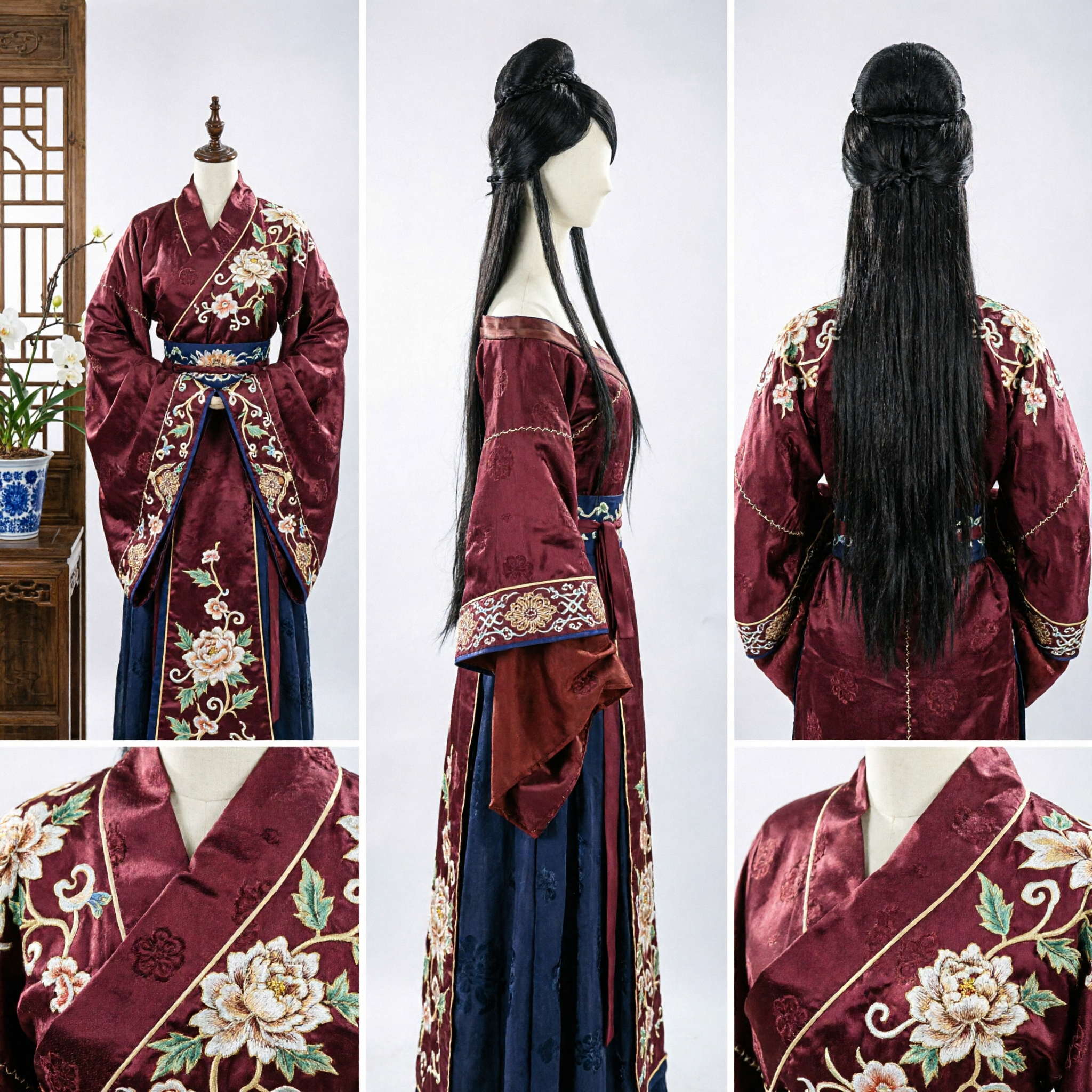 Ancient Chinese Hanfu Wig Black Long Straight Hair Braided Bun Traditional Cosplay Costume for Women
