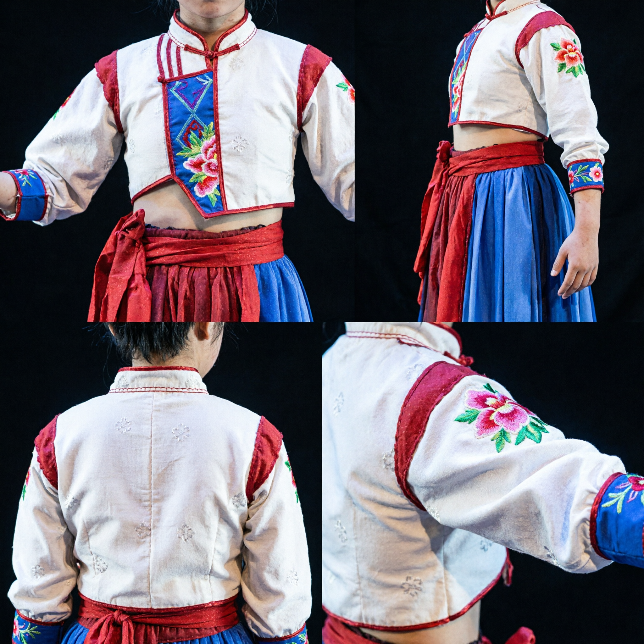 Kids Chinese Traditional Folk Dance Costume Red White Embroidered Performance Outfit for Boys and Girls Stage Show