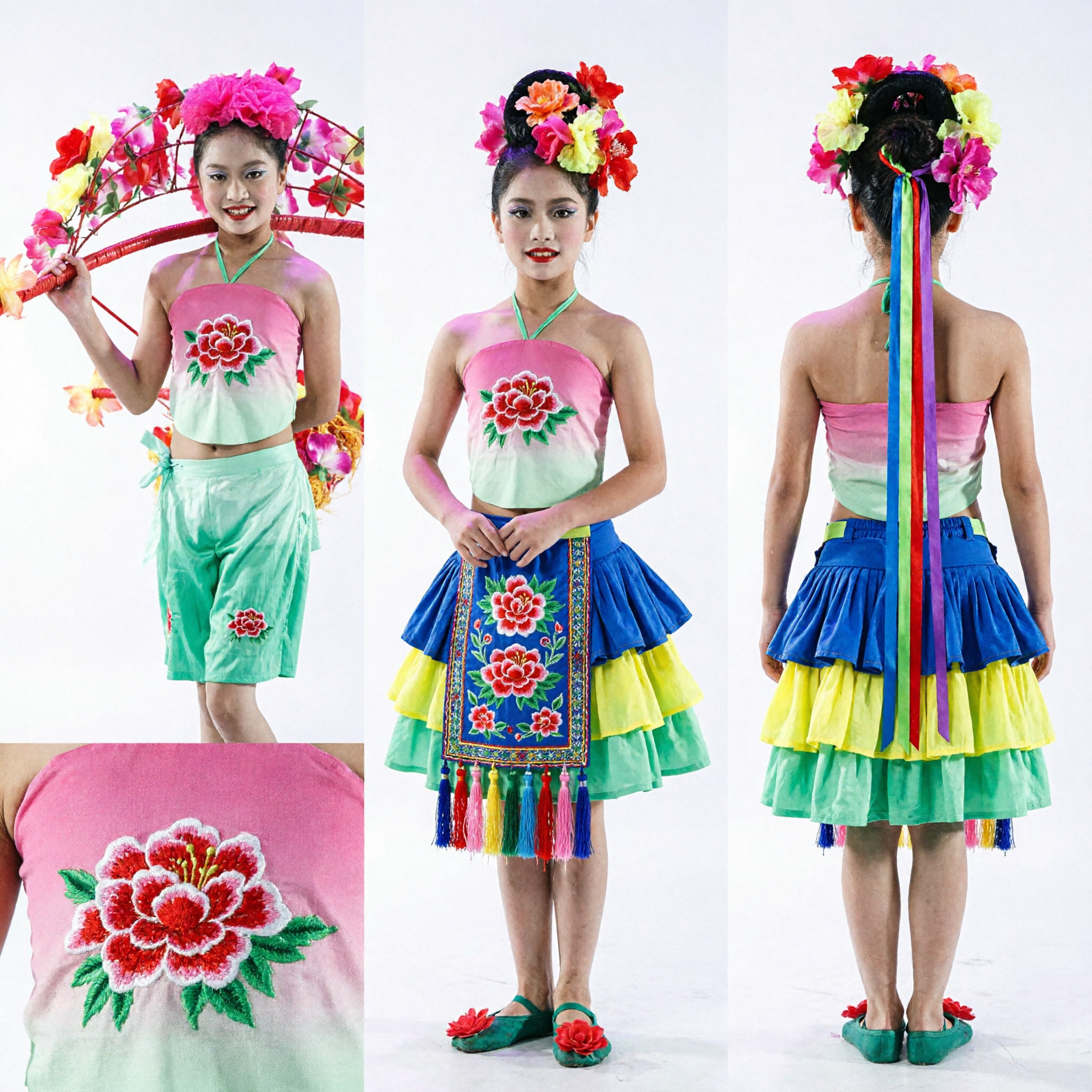 Chinese Traditional Folk Dance Costume for Girls Yangge Flower Dance Performance Stage Outfit