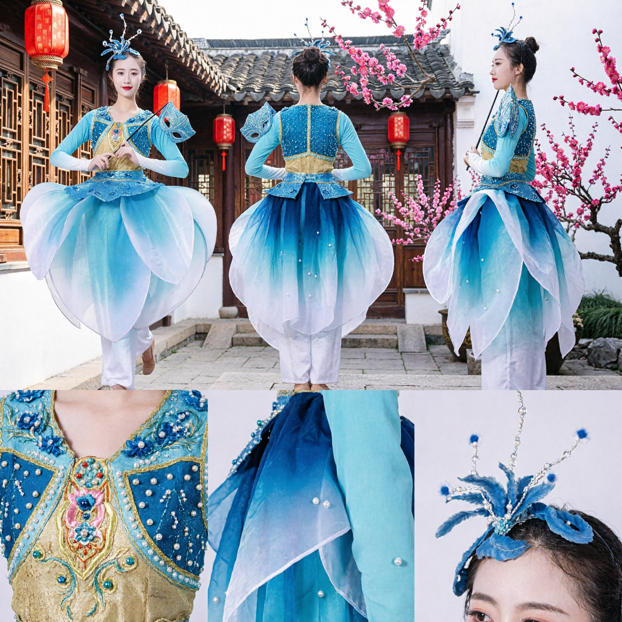 Blue Peacock Dance Costume Women Chinese Classical Folk Dance Stage Performance Dress with Fan and Headpiece