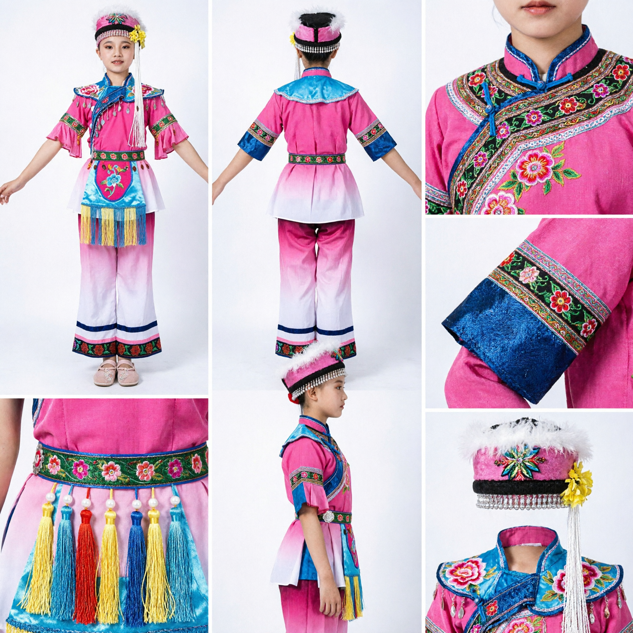 Chinese Ethnic Minority Dance Costume for Girls Traditional Folk Stage Performance Outfit with Headdress