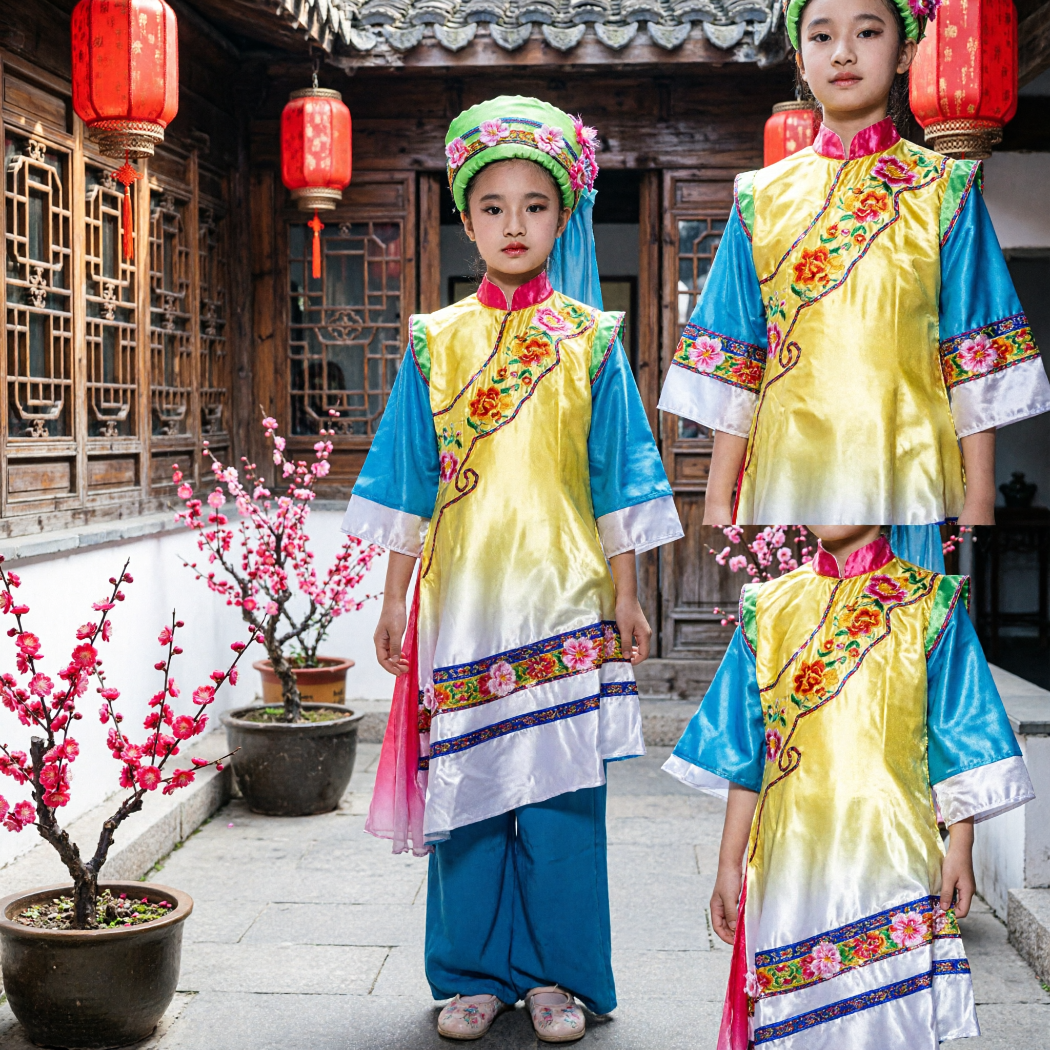 Traditional Chinese Ethnic Minority Folk Dance Costume for Girls Yellow Blue Stage Performance Outfit