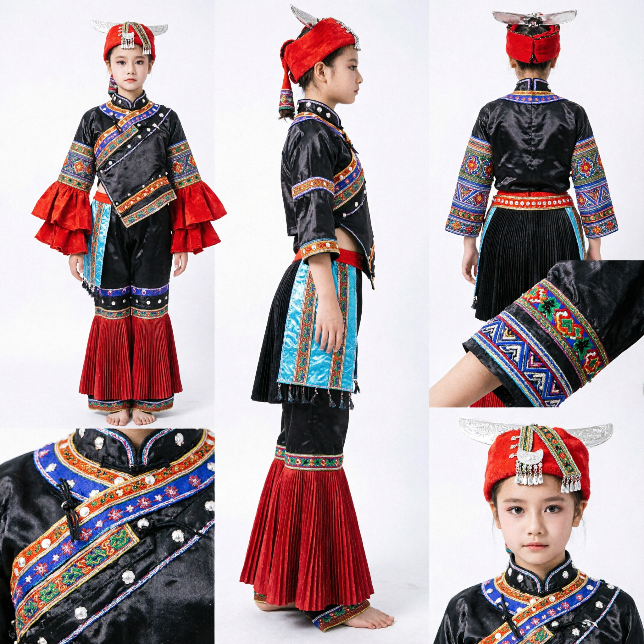 Traditional Chinese Ethnic Folk Dance Costume for Girls Red Black Embroidered Stage Performance Outfit Set with Headdress