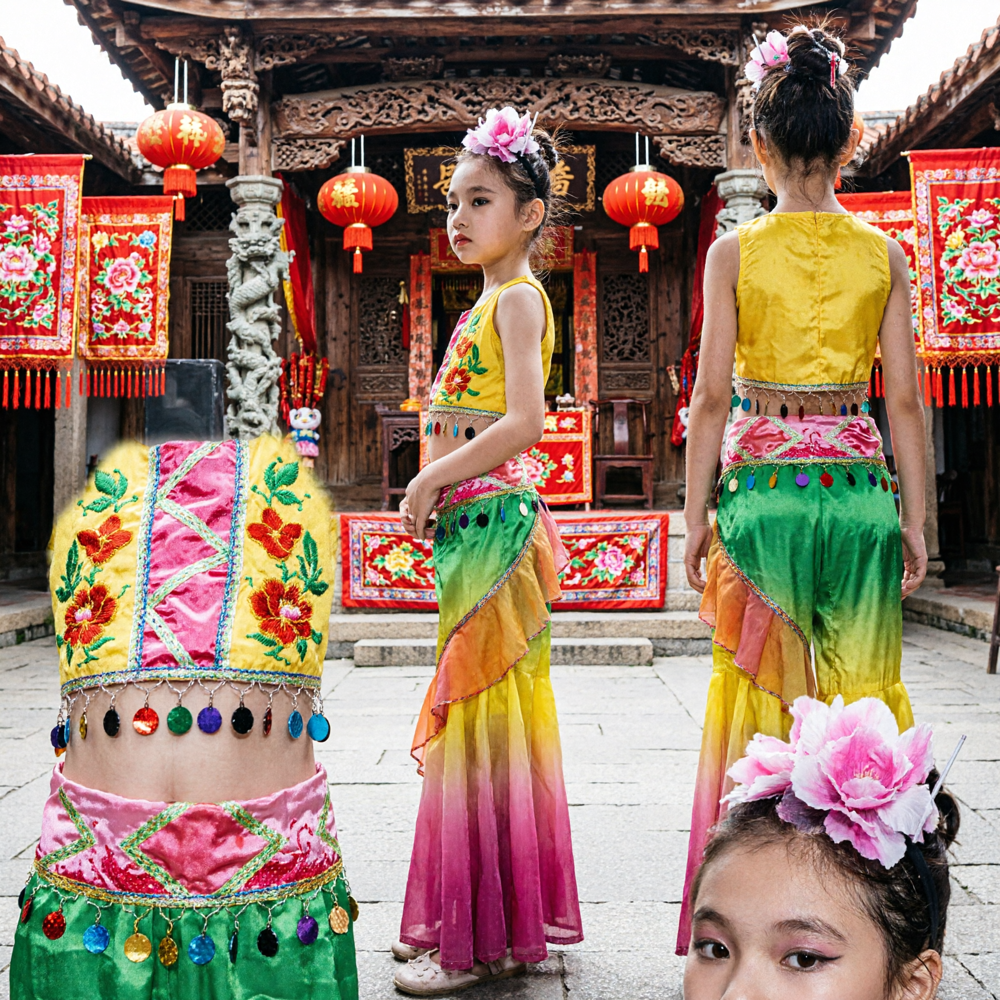Girls Dai Ethnic Peacock Dance Costume Kids Folk Stage Performance Dress with Gradient Mermaid Skirt Set