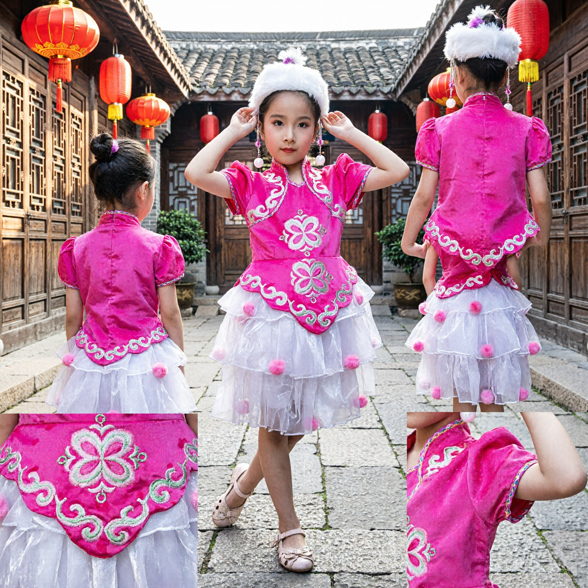 Pink Chinese Folk Dance Costume for Kids Girls Yangge Dance Performance Stage Wear Traditional Dress