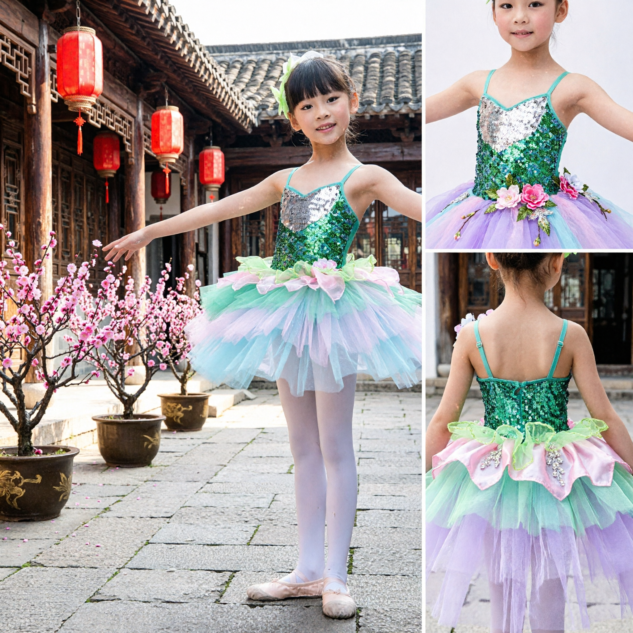 Girls Green Sequin Ballet Tutu Dress Kids Flower Fairy Stage Dance Performance Costume