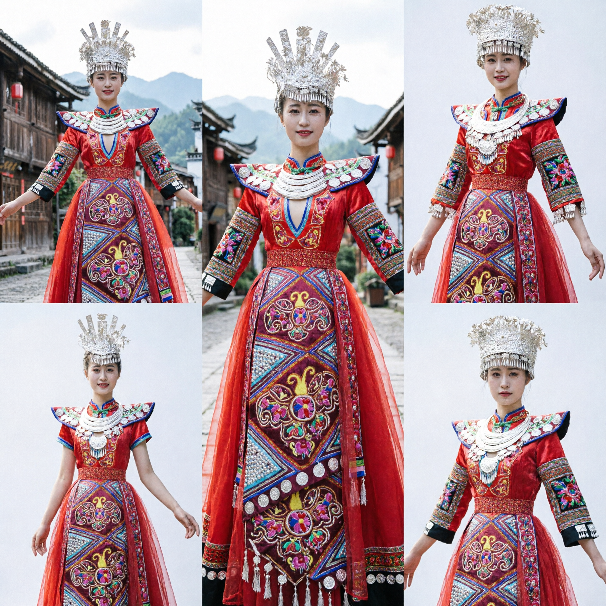 Chinese Traditional Miao Nationality Costume Red Folk Dance Stage Performance Dress with Silver Headdress