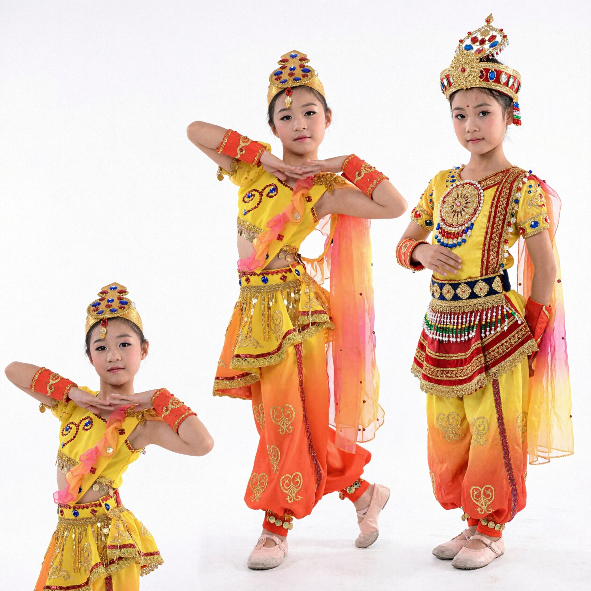 Girls Traditional Chinese Dunhuang Dance Costume Yellow Orange Flying Apsaras Outfit Kids Stage Performance Dress