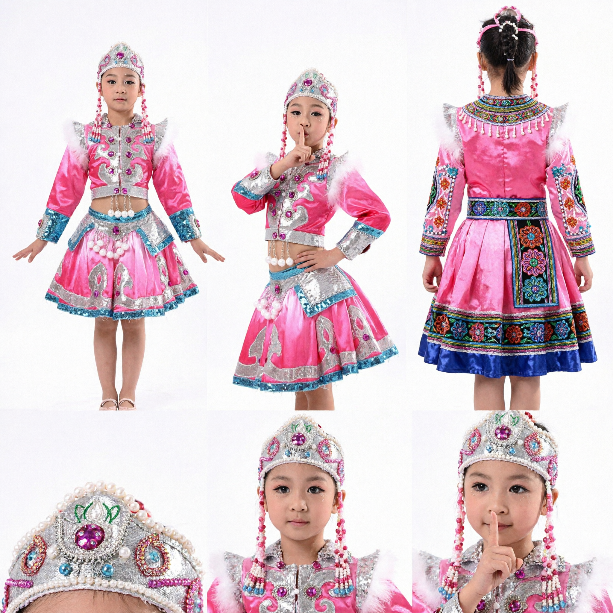 Kids Girls Traditional Chinese Ethnic Dance Costume Pink Silver Mongolian Style Stage Performance Outfit