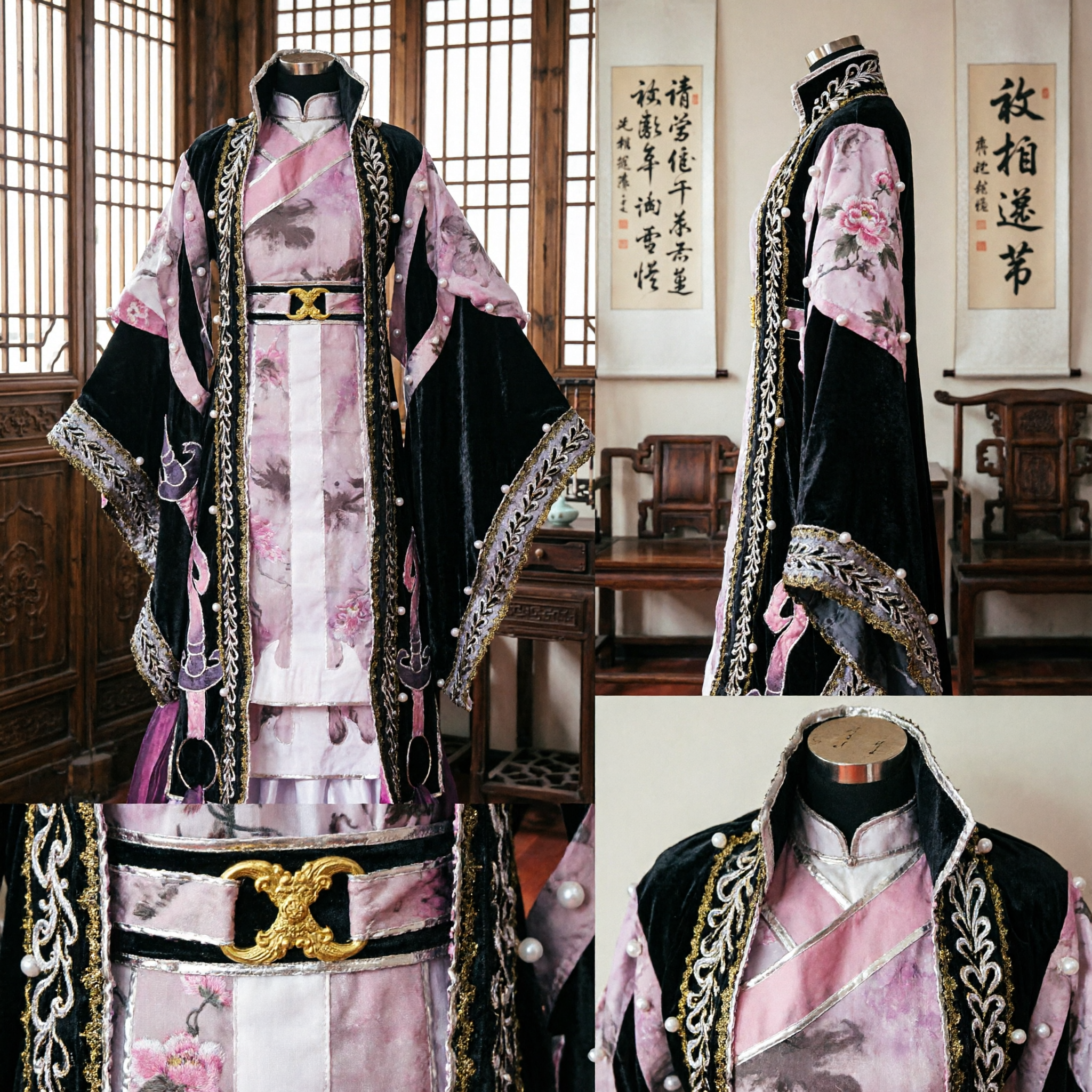 Black and Purple Chinese Hanfu Ancient Swordsman Cosplay Costume Traditional Wuxia Embroidery Clothing for Stage Performance