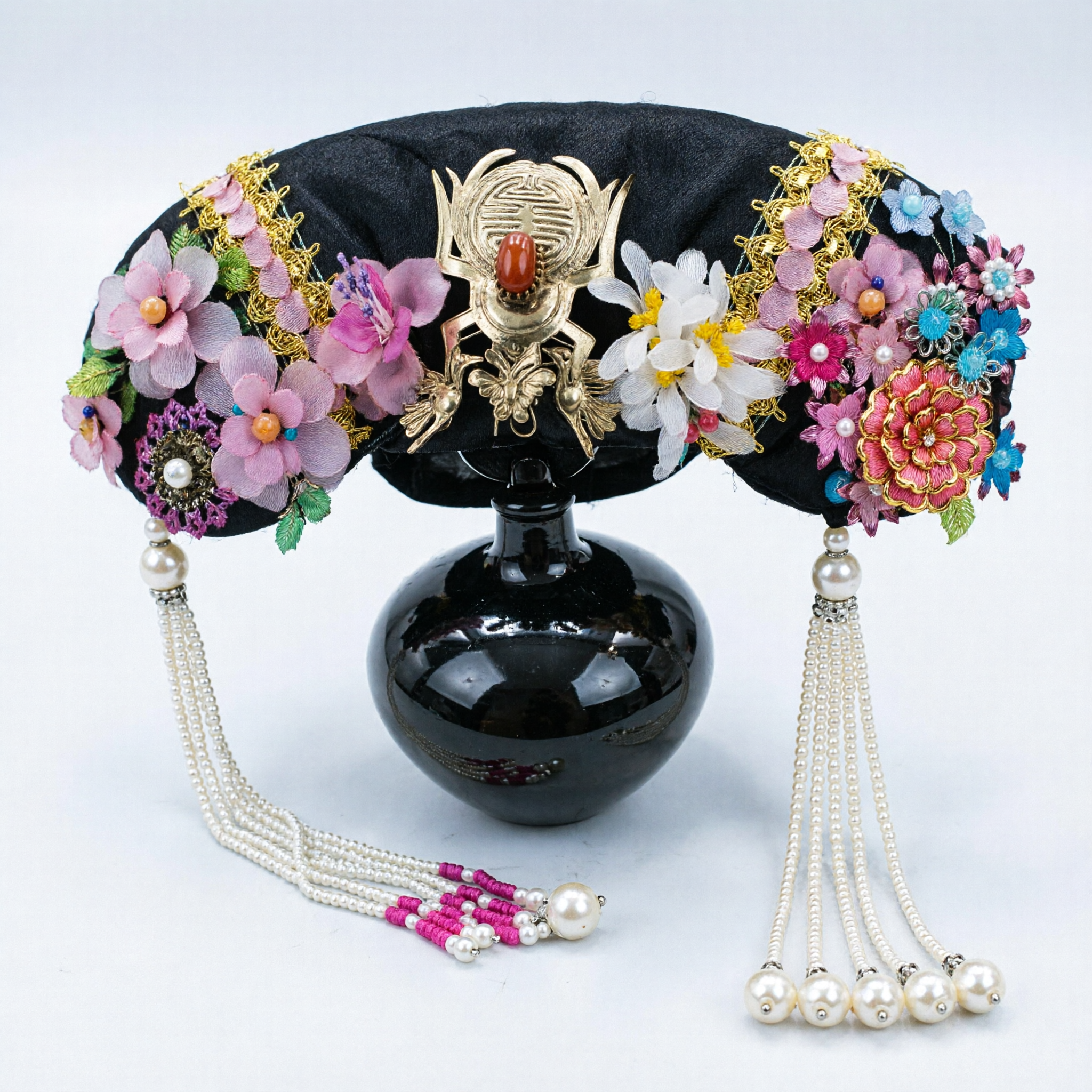 Traditional Chinese Qing Dynasty Manchu Headpiece Ancient Princess Floral Hair Ornament with Tassels for Hanfu