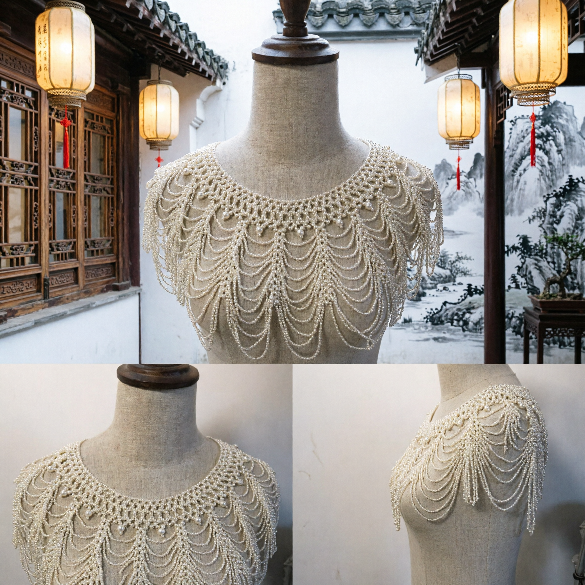 Elegant White Pearl Beaded Collar Bib Necklace Shawl for Wedding Bridal Qipao Cheongsam Accessories