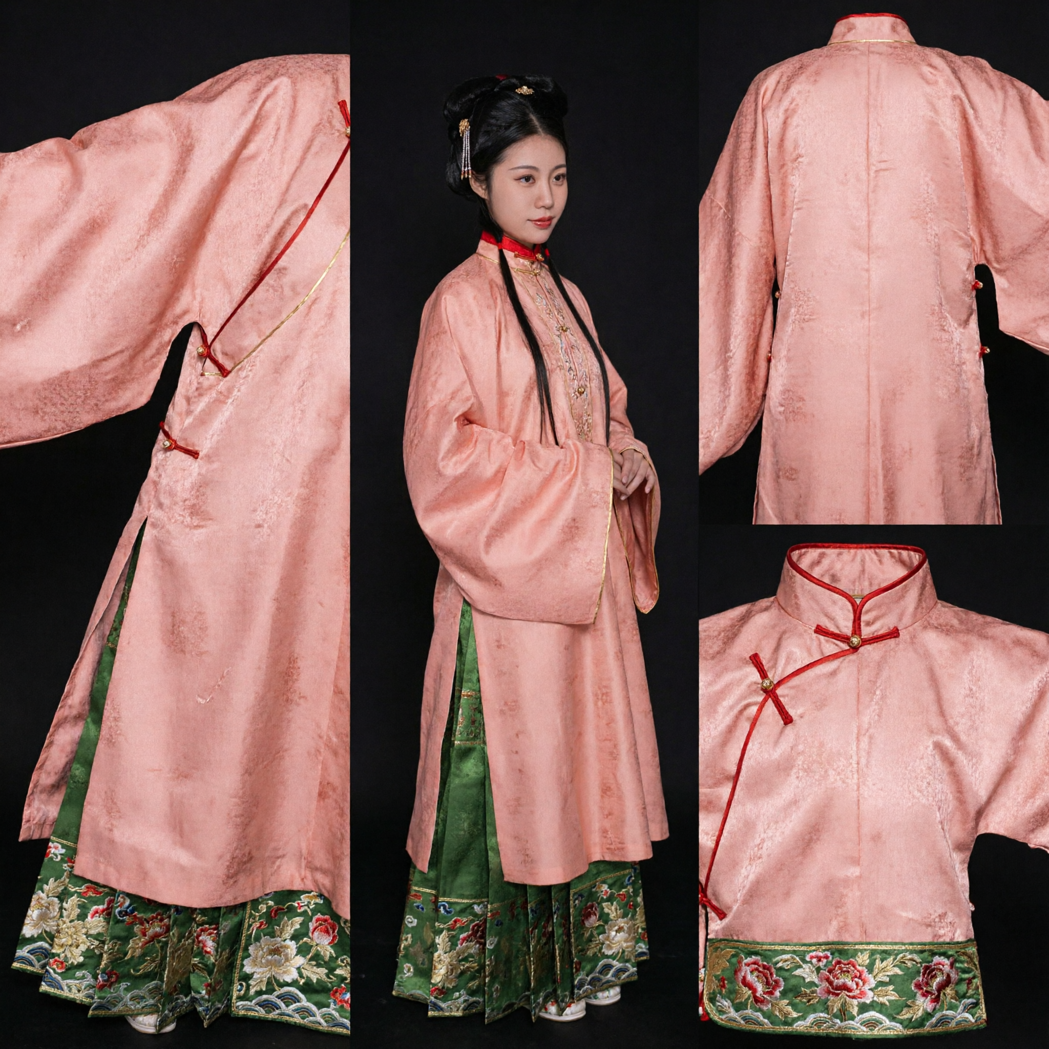 Traditional Chinese Ming Dynasty Hanfu Costume for Women Peach Pink Long Jacket and Green Pleated Skirt Set
