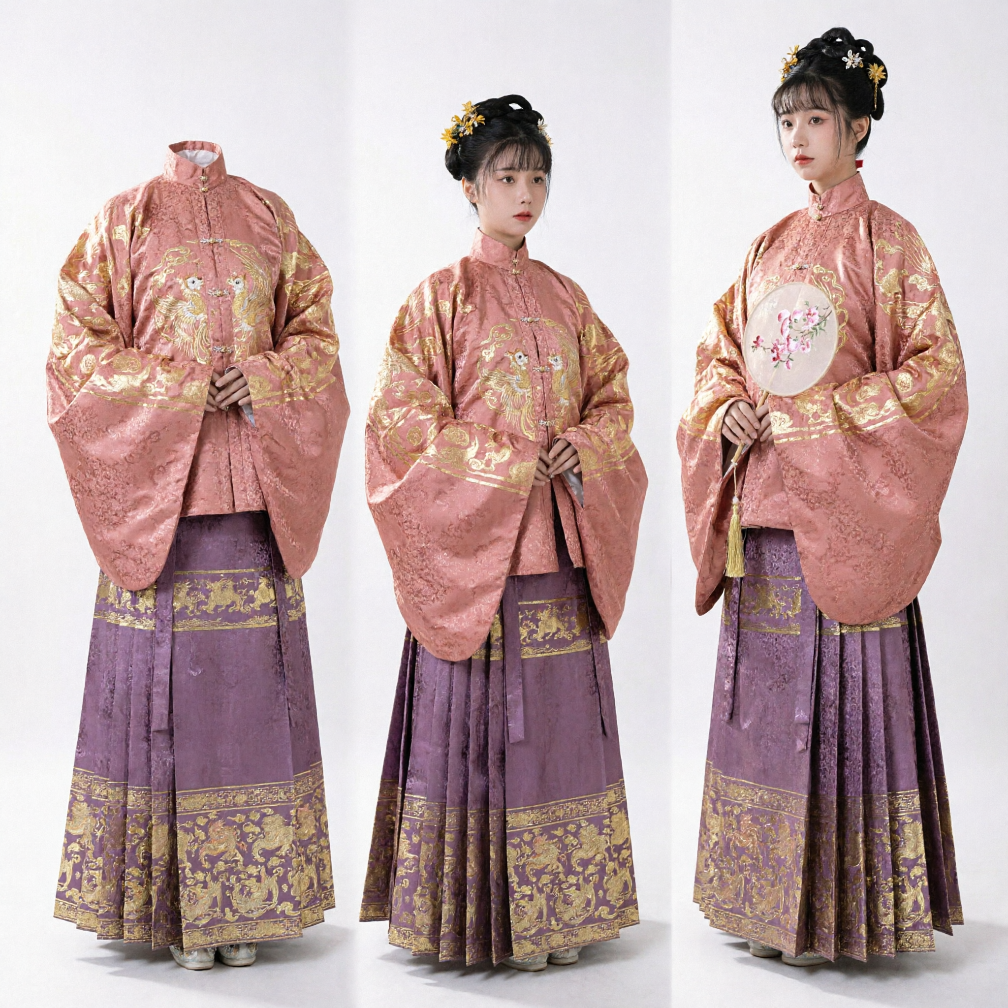 Traditional Chinese Hanfu Ming Dynasty Ao Qun Set Pink Gold Brocade Jacket and Purple Pleated Skirt for Women