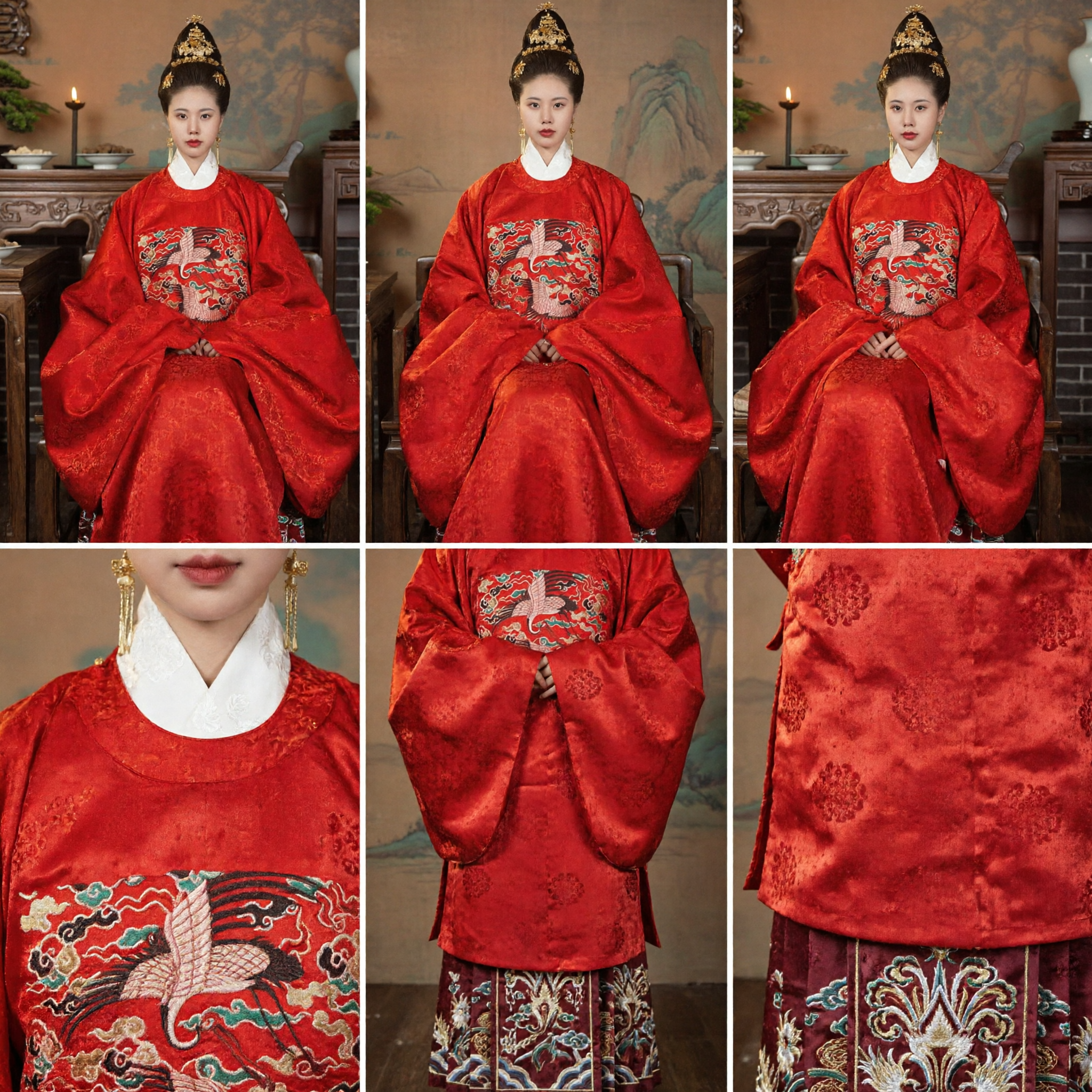 Traditional Chinese Ming Dynasty Red Hanfu Round Collar Robe Ancient Costume for Women with Crane Embroidery