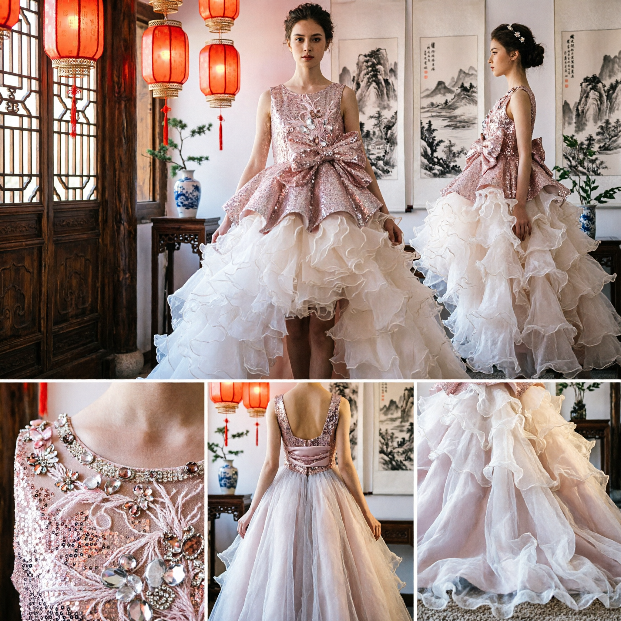 Kids Rose Gold Sequin Peplum Top with Ruffled Mermaid Tail Stage Performance Costume for Girls