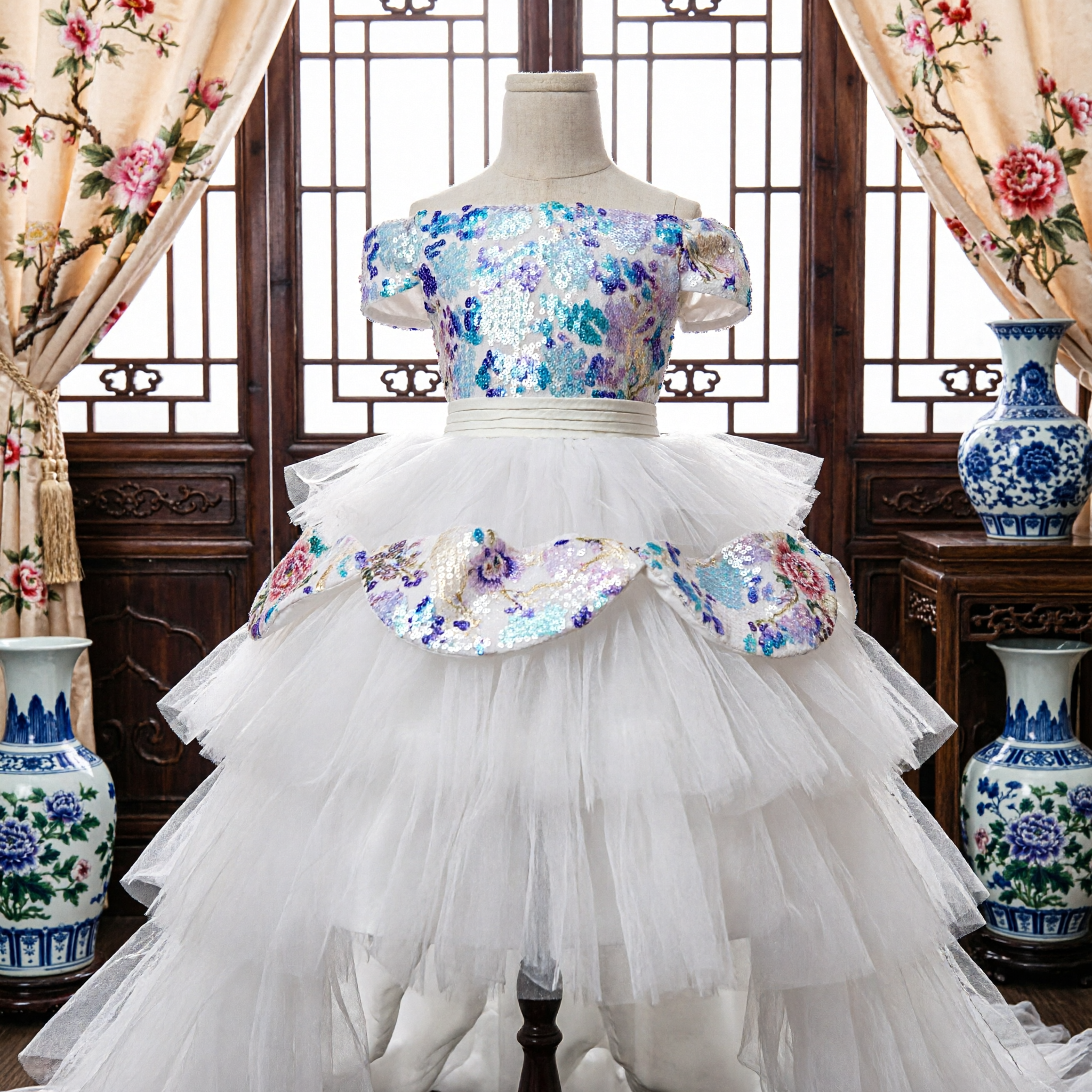 Girls White Tulle Flower Girl Dress Blue Sequin Off-Shoulder Bodice Wedding Pageant Princess Gown