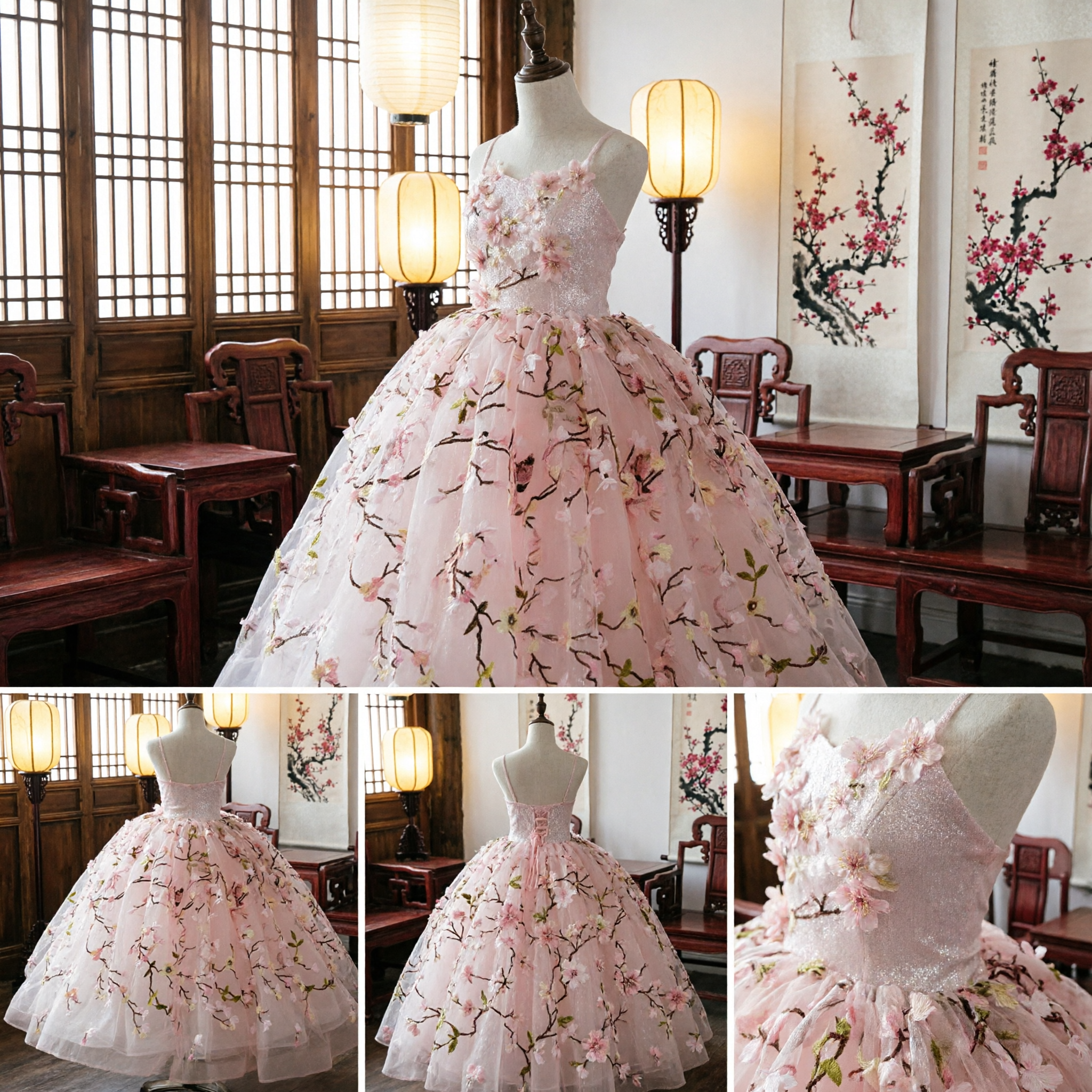 Pink Floral Embroidery Princess Ball Gown for Kids Flower Girl Wedding Party Pageant Tulle Dress
