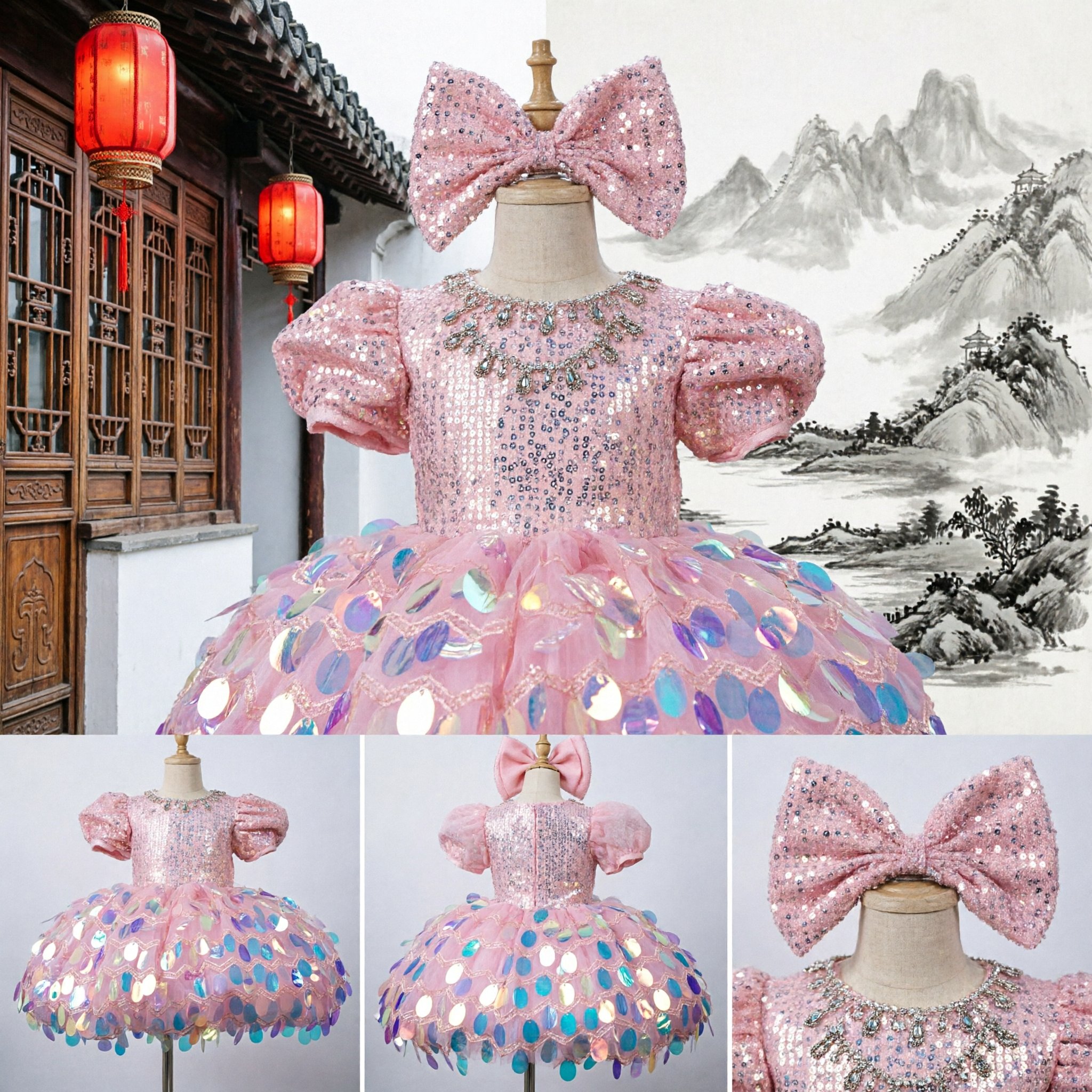 Girls Pink Sequin Puff Sleeve Tutu Dress with Large Bow Headband for Stage Performance