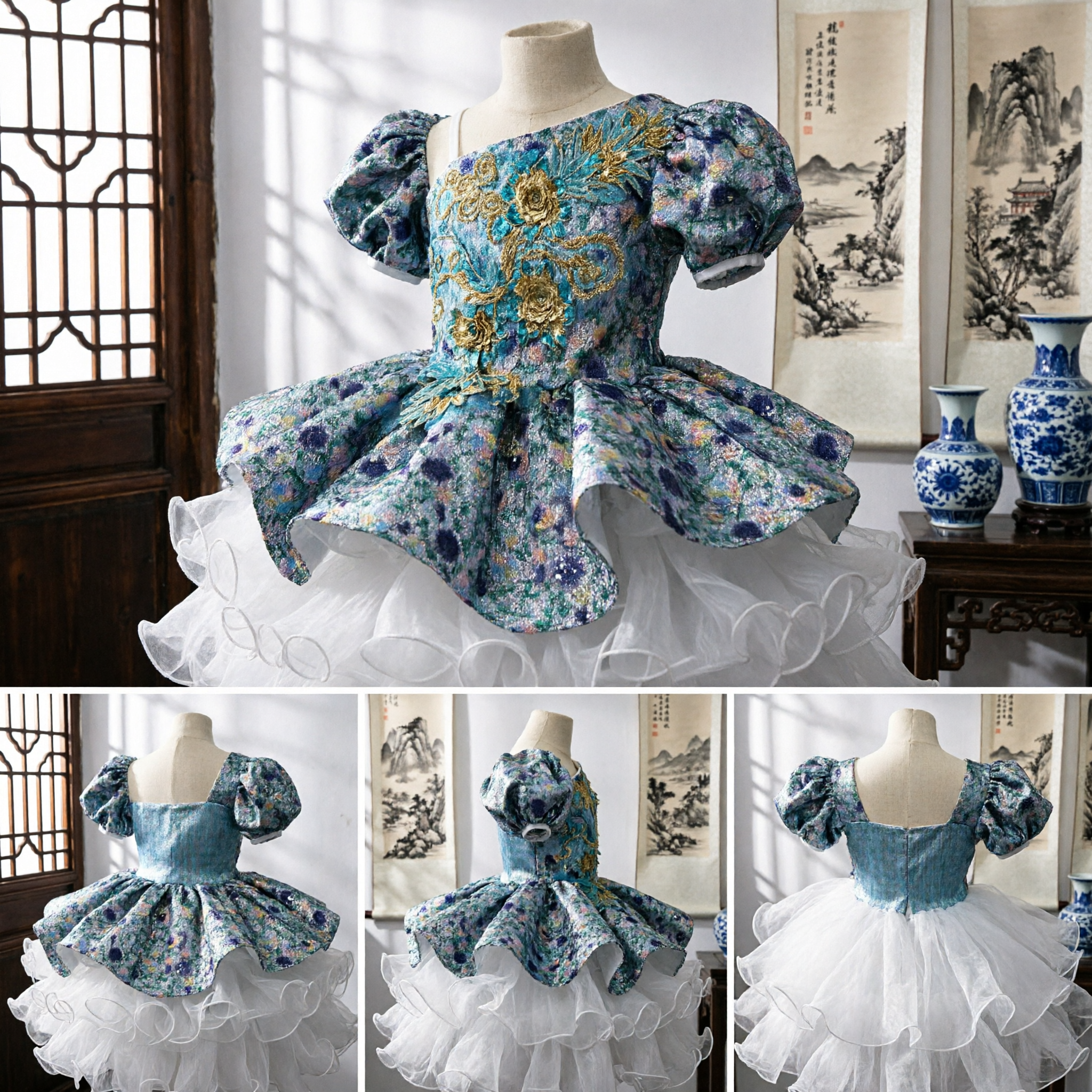 Blue Floral Embroidered One Shoulder Ballet Tutu Chinese Dance Costume for Girls Stage Performance