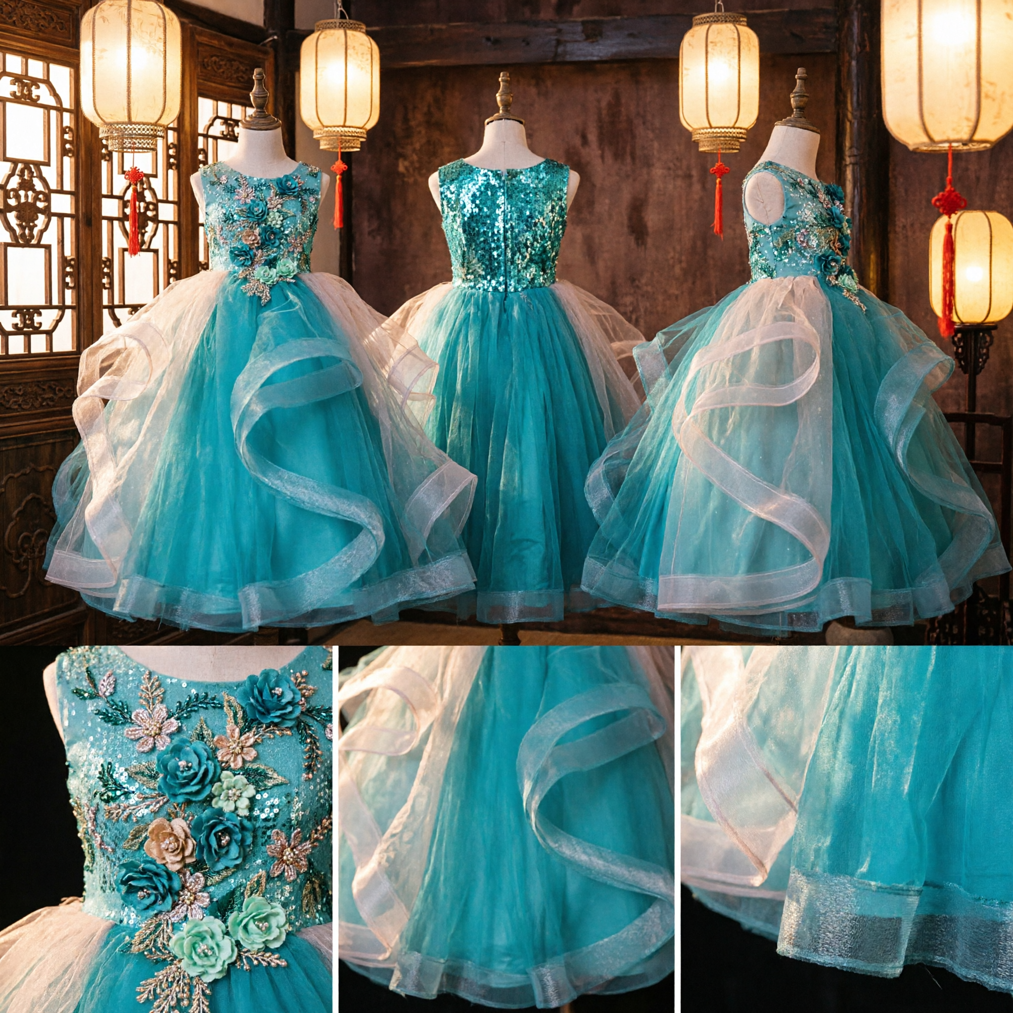 Elegant Teal Tulle Flower Girl Dress with Floral Applique Bodice Kids Princess Formal Evening Gown