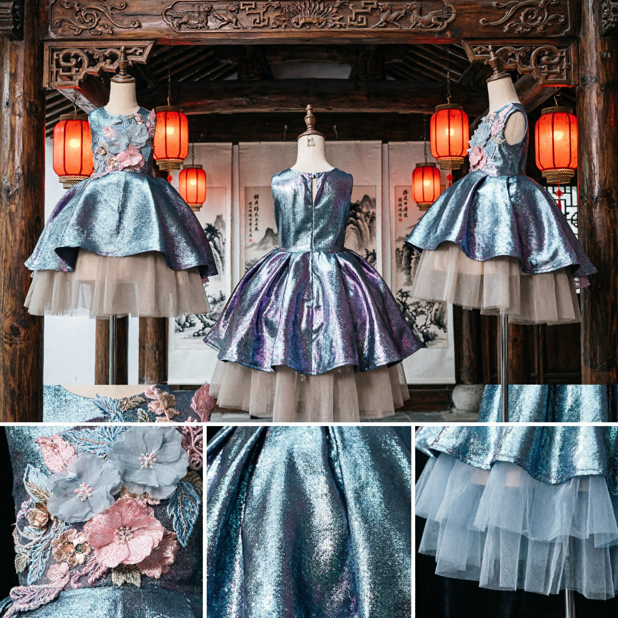Elegant Blue Metallic High-Low Formal Dress for Girls with 3D Floral Applique and Tulle Skirt
