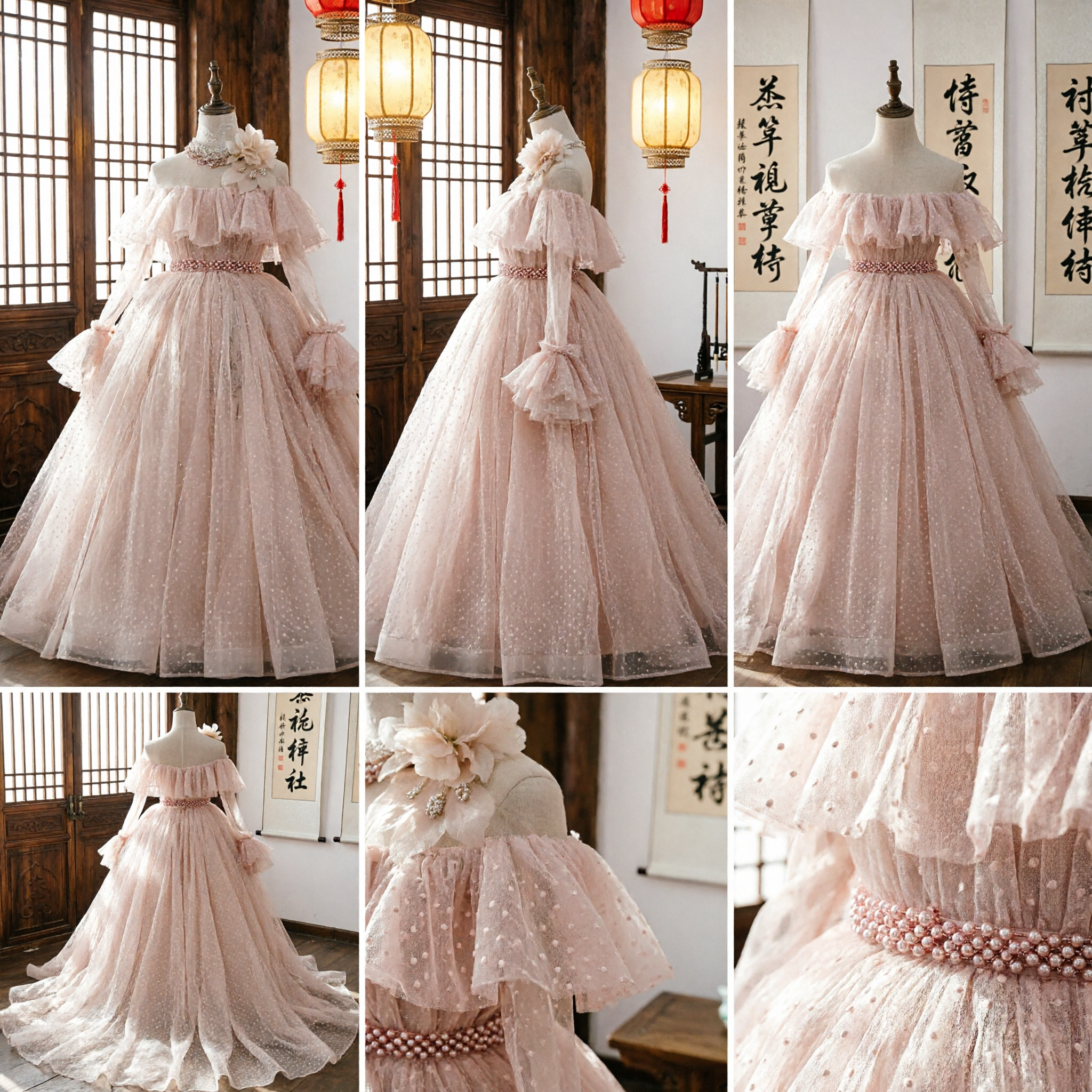 Elegant Pink Tulle Ball Gown Prom Dress with Ruffled Off-Shoulder Sleeves for Wedding and Quinceañera