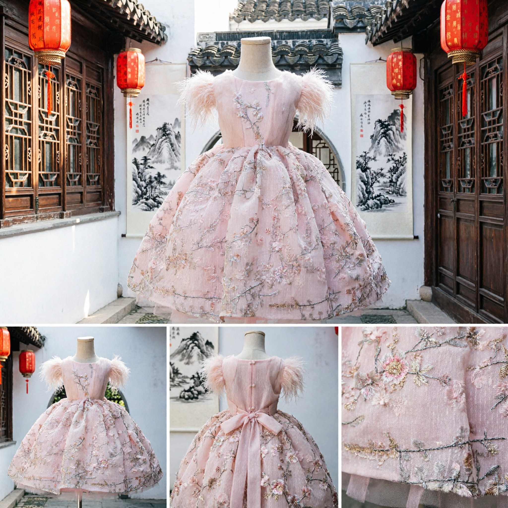 Pink Floral Hanfu Dress for Girls Traditional Chinese Princess Ballgown Performance Costume Wedding Party Wear