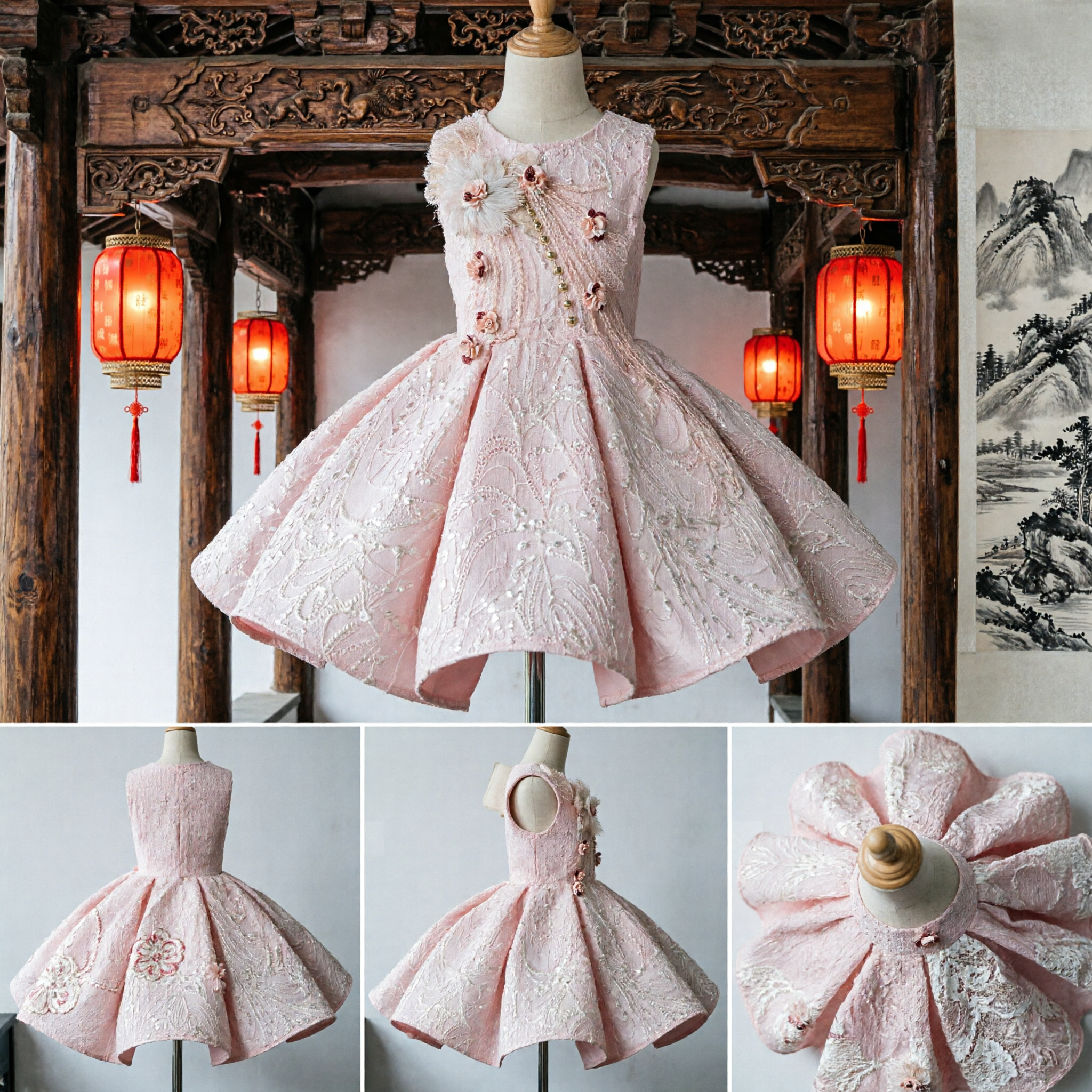 Elegant Pink Kids Traditional Chinese Cheongsam Dress with Floral Appliqué for Wedding Flower Girl and Stage Performance