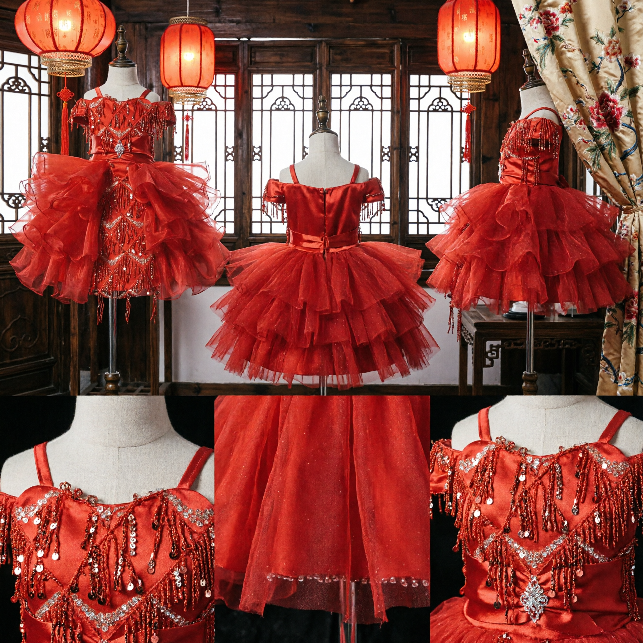 Girls Red Latin Dance Dress Ballroom Competition Costume with Sequins Fringe and Ruffled Skirt