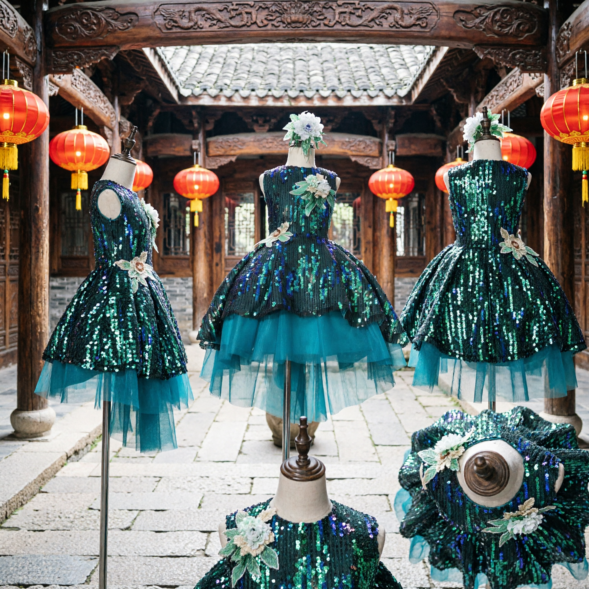 Kids Girls Green Sequin Latin Dance Dress Ballroom Competition Costume Peacock Theme Stage Performance Outfit