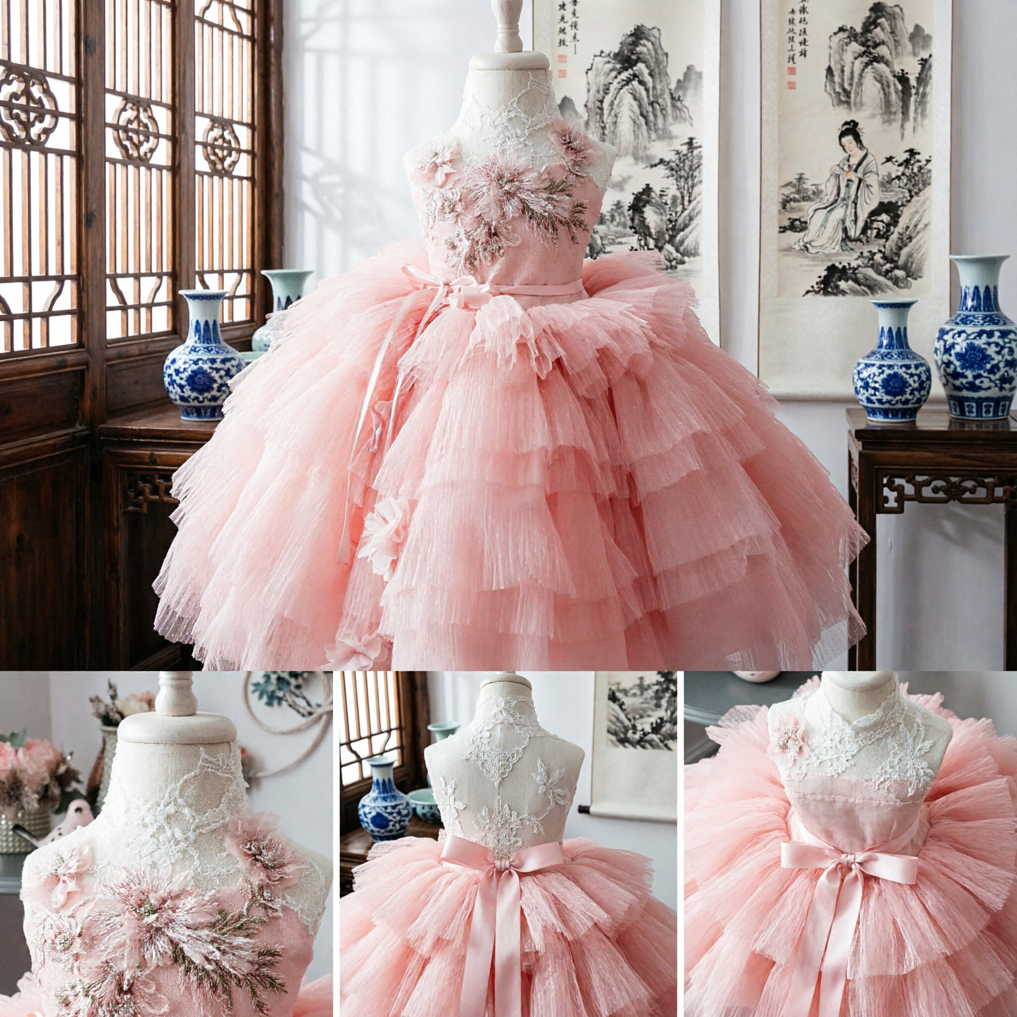 Pink Flower Girl Dress Toddler Princess Tulle Ball Gown with Embroidered Lace Bodice for Weddings