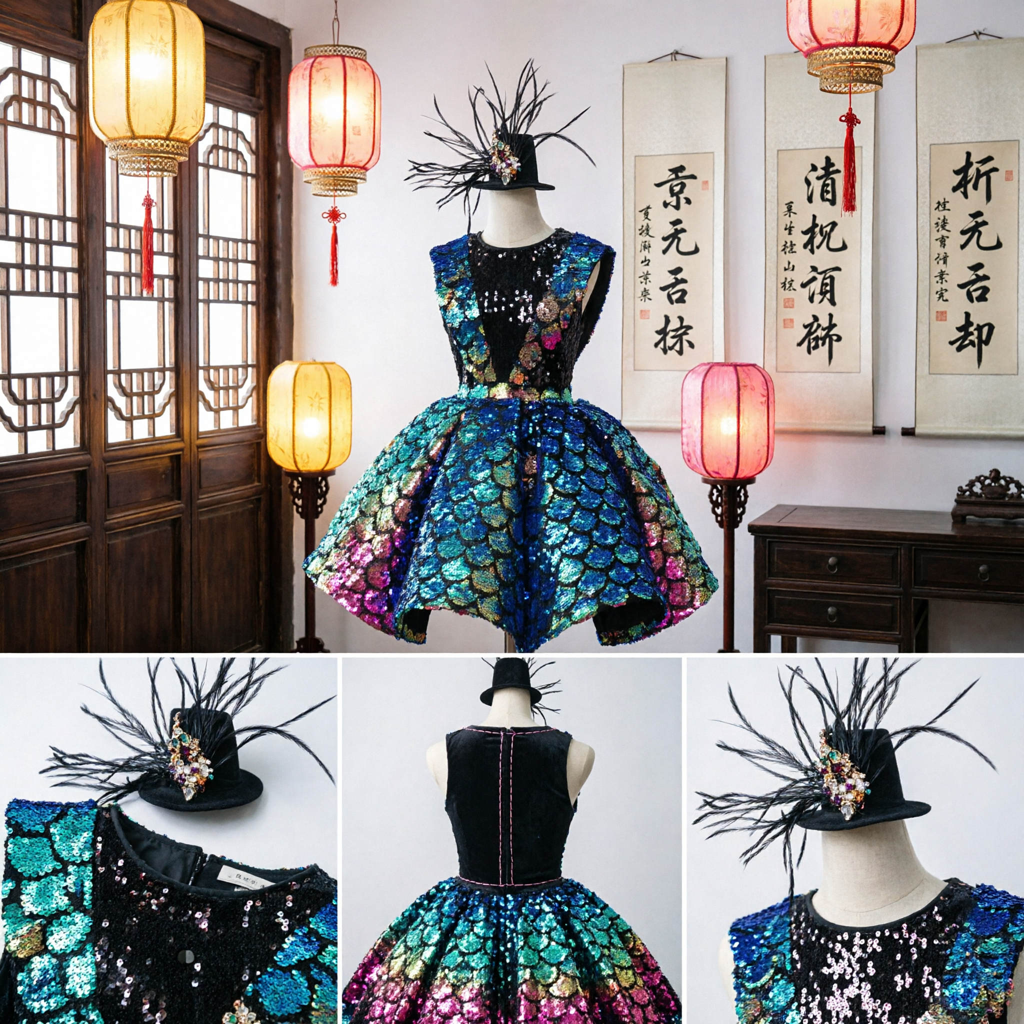 Women's Peacock Sequin Cabaret Costume Short Dress for Stage Dance Performance Burlesque Showgirl Outfit with Hat