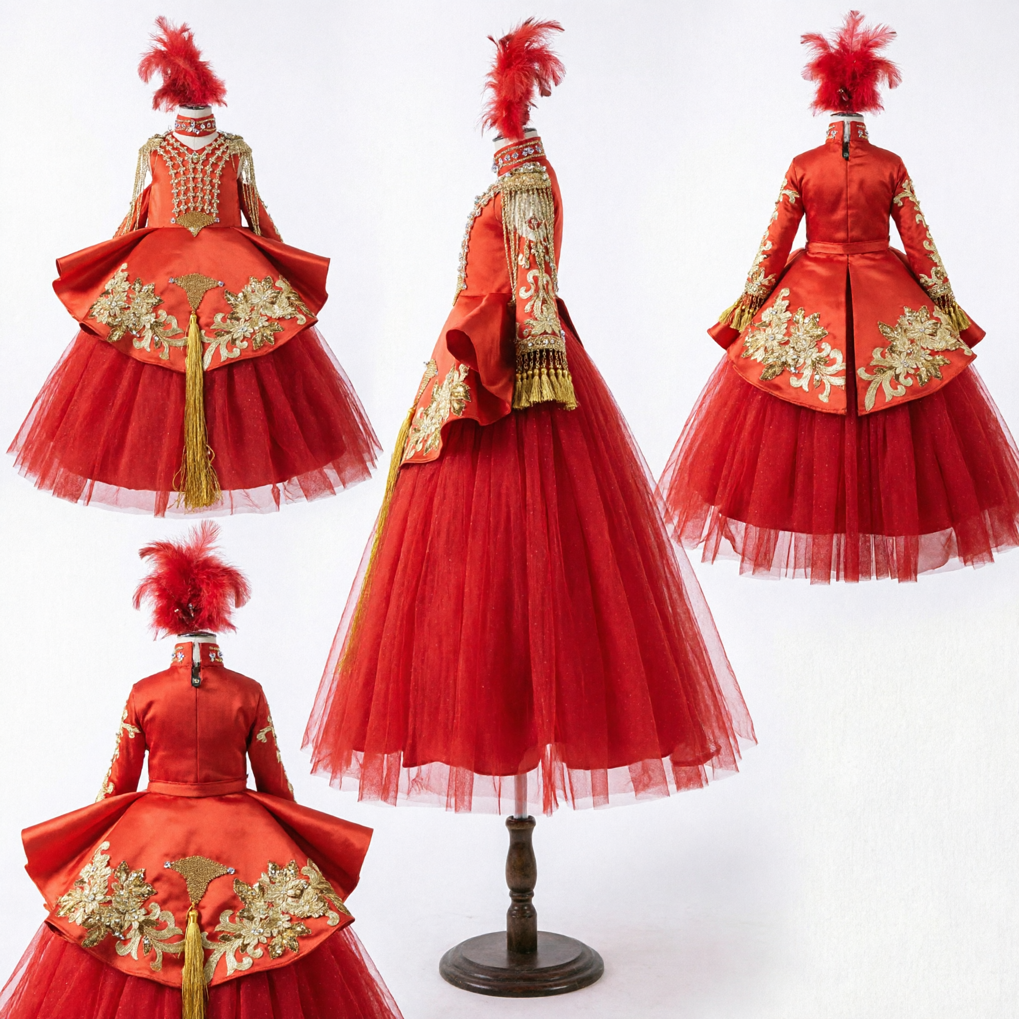 Women's Traditional Chinese Wedding Dress Red Gown with Gold Embroidery and Feather Headpiece for Bridal Performance
