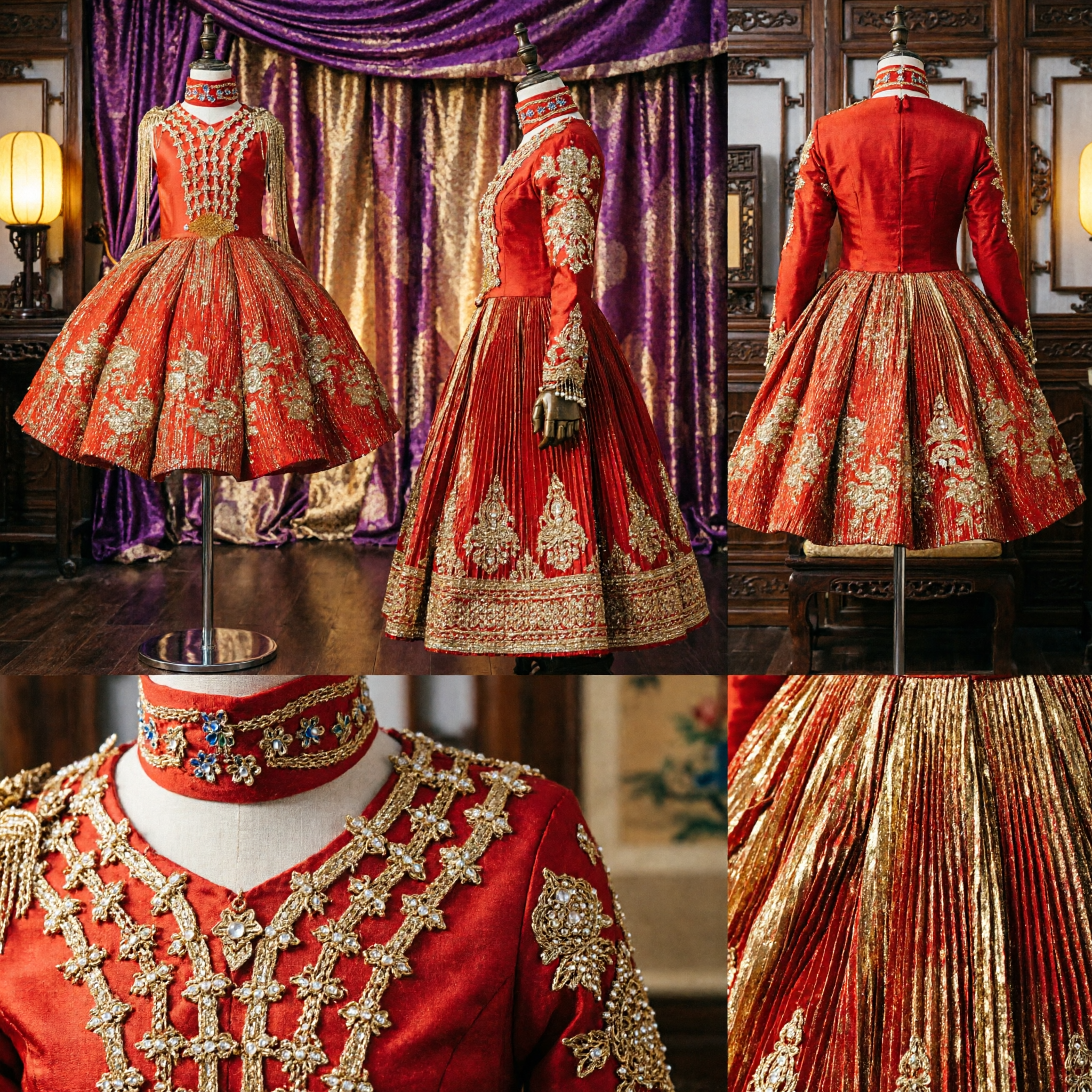 Professional Red Chinese Folk Dance Costume with Gold Embroidery Stage Performance Dress for Women