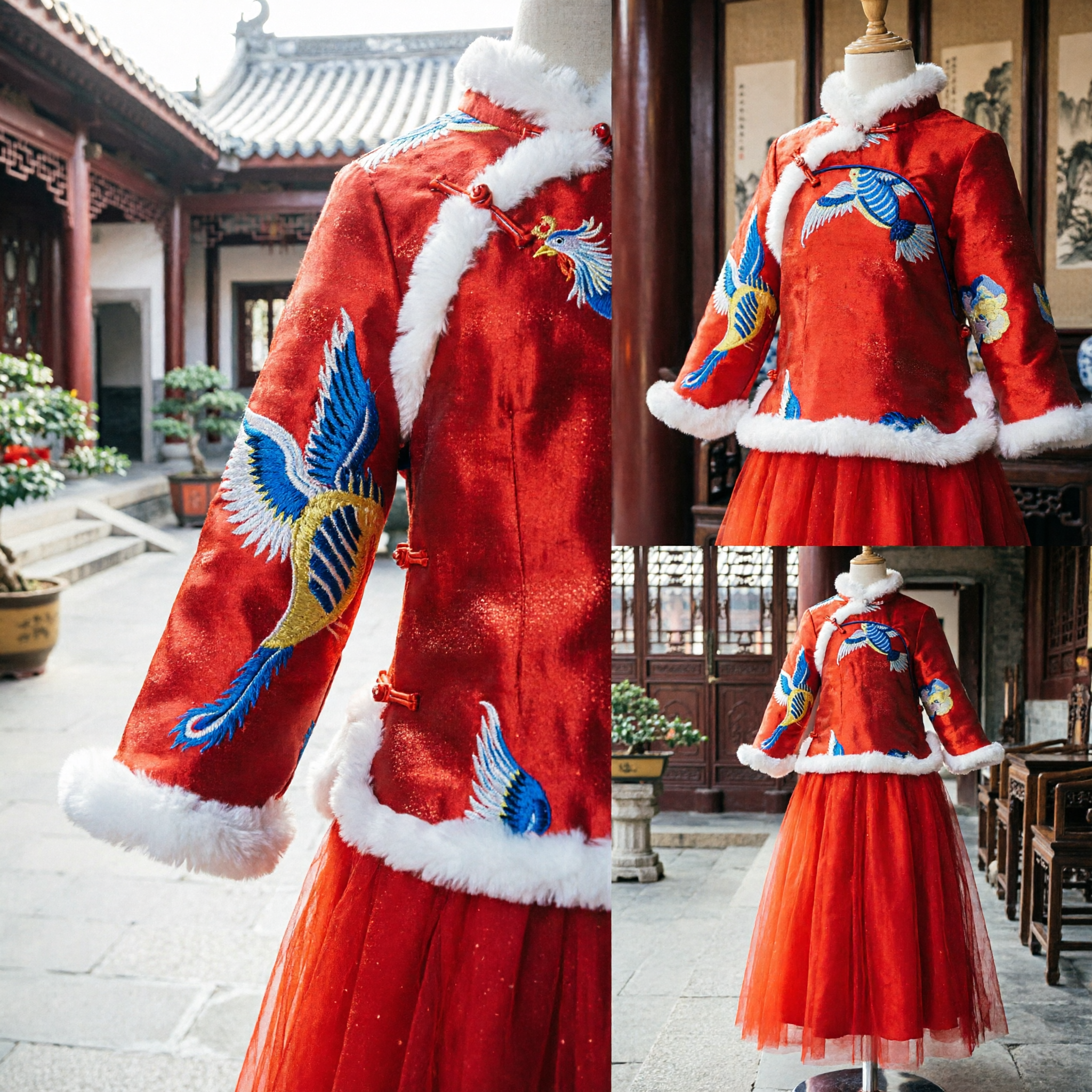Traditional Chinese New Year Costume Red Embroidered Crane Tang Suit Top with Fur Trim and Skirt Set