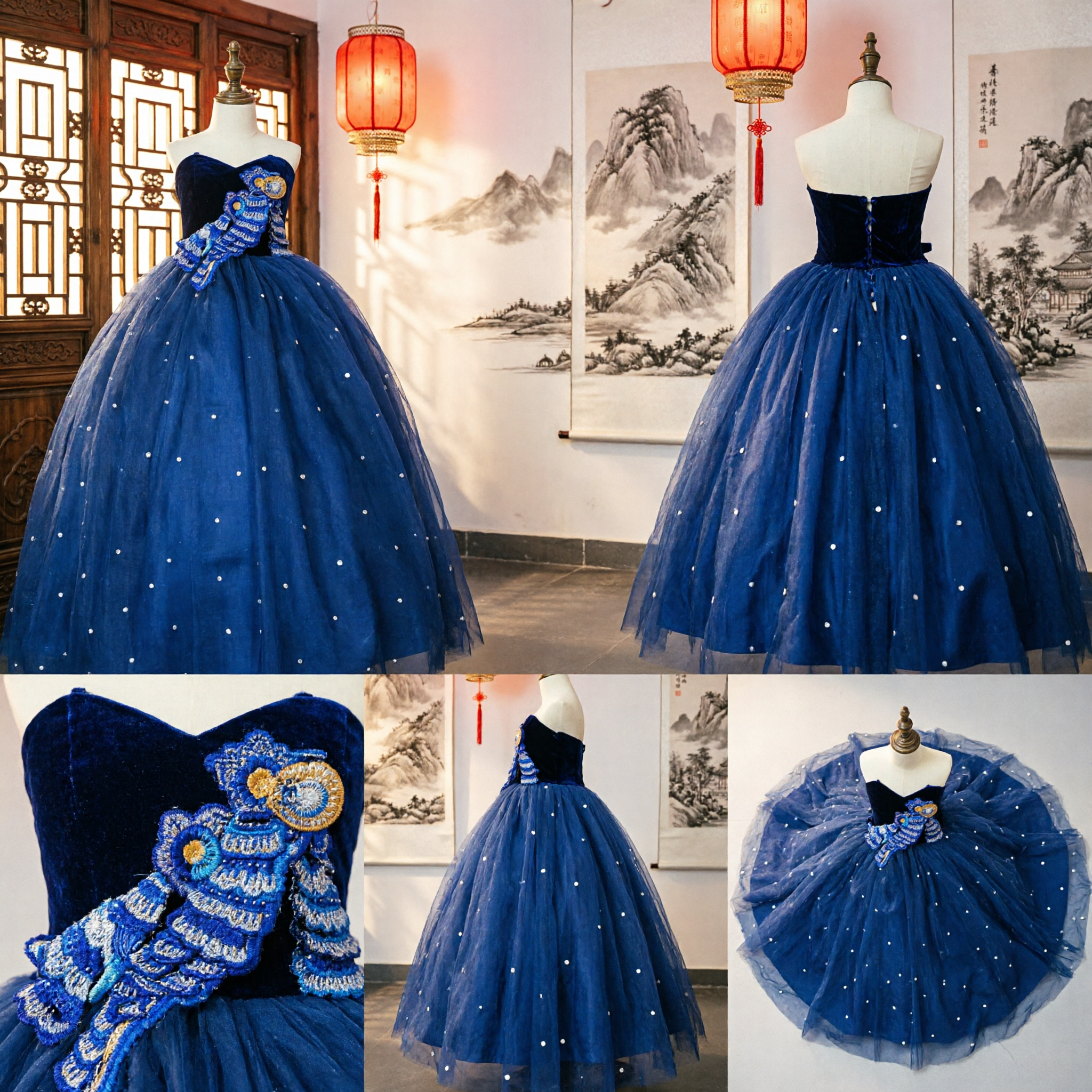 Royal Blue Strapless Ball Gown with Pearl Accents for Quinceanera Pageant Stage Performance Costume