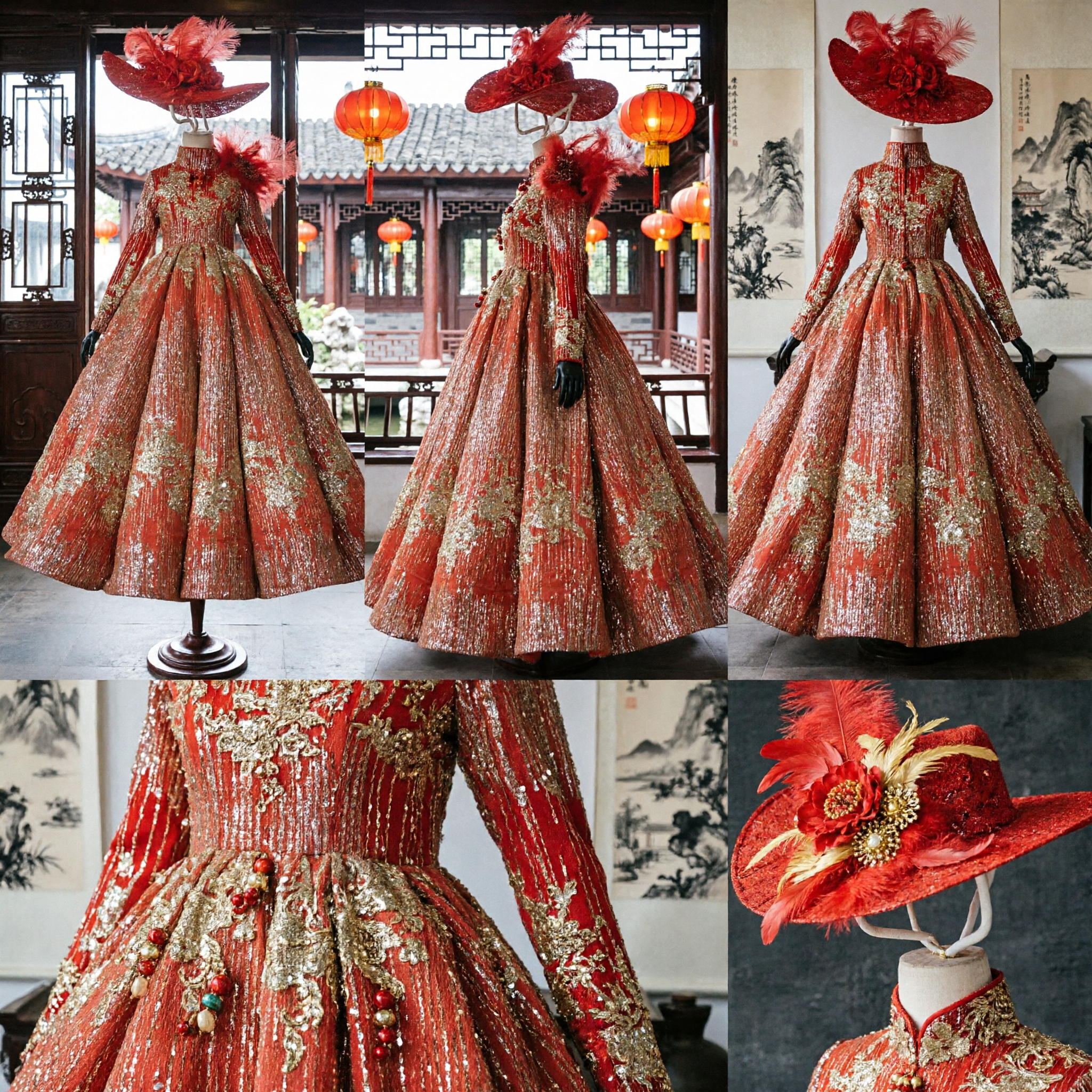 Red Gold Sequin Long Sleeve Evening Gown Hostess Dress with Feather Hat for Wedding Banquet