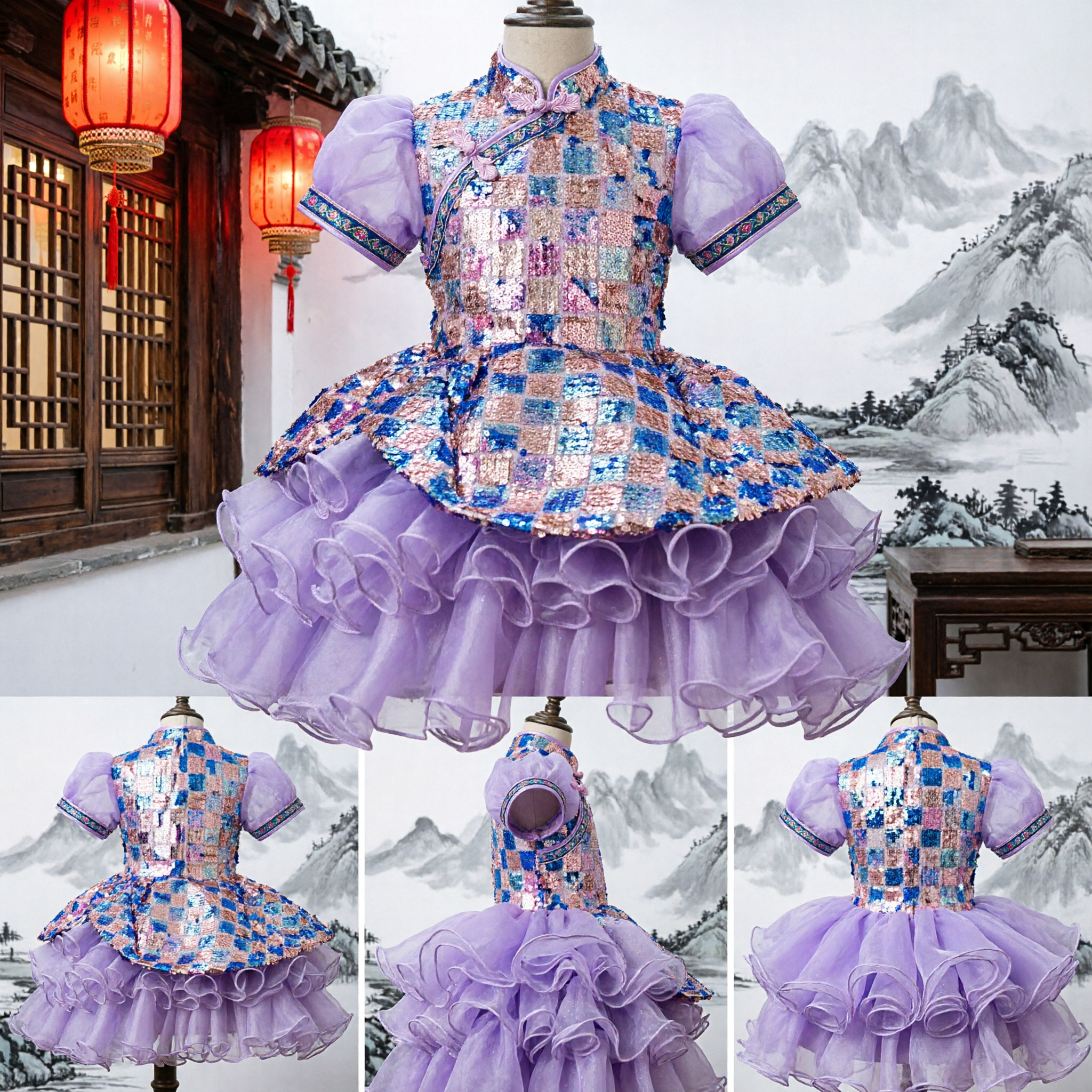 Girls Sequin Plaid Cheongsam Dress with Purple Ruffled Tutu Skirt Traditional Dance Performance Costume
