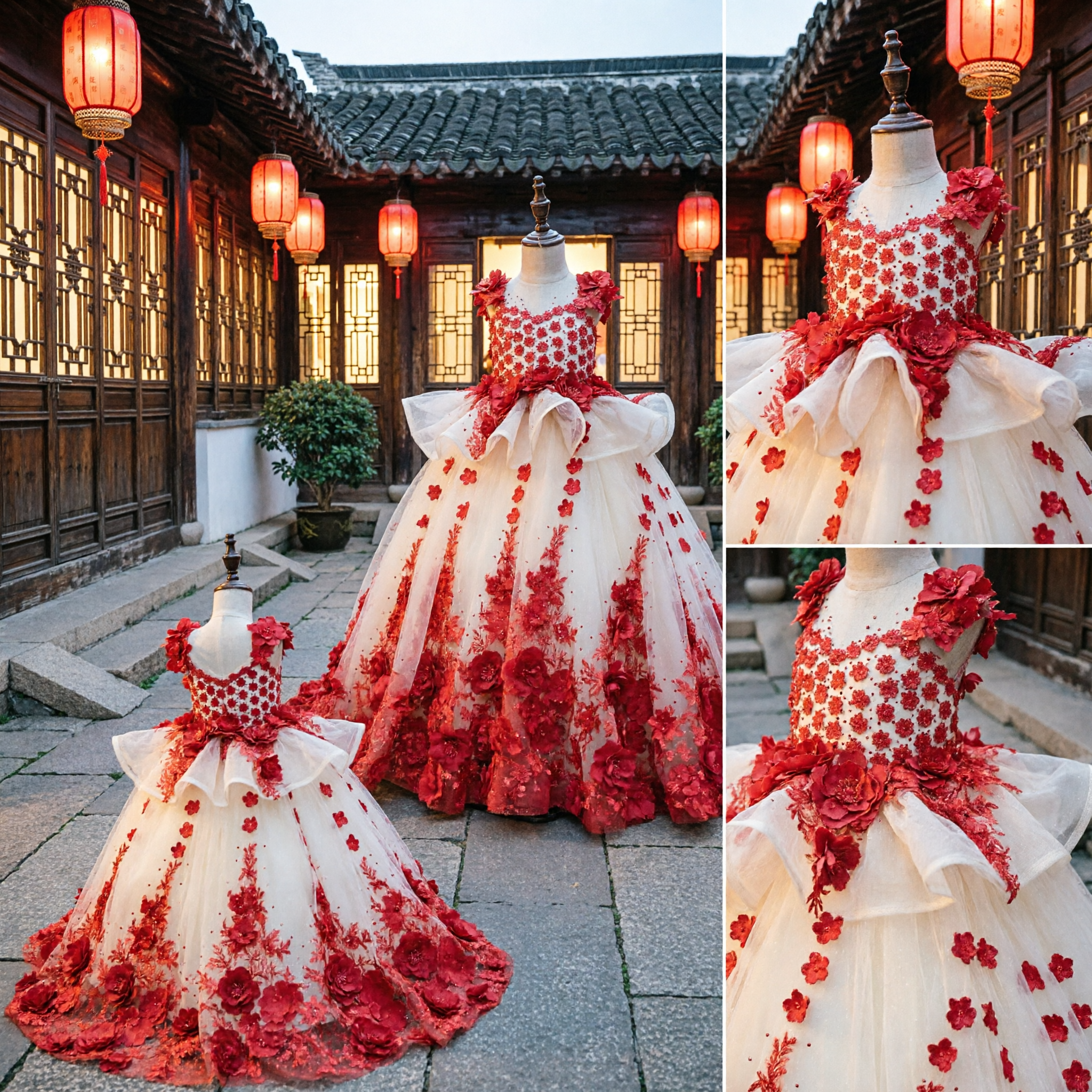 Luxury Red Rose Floral Applique Ball Gown Princess Dress for Kids Flower Girl Wedding Pageant