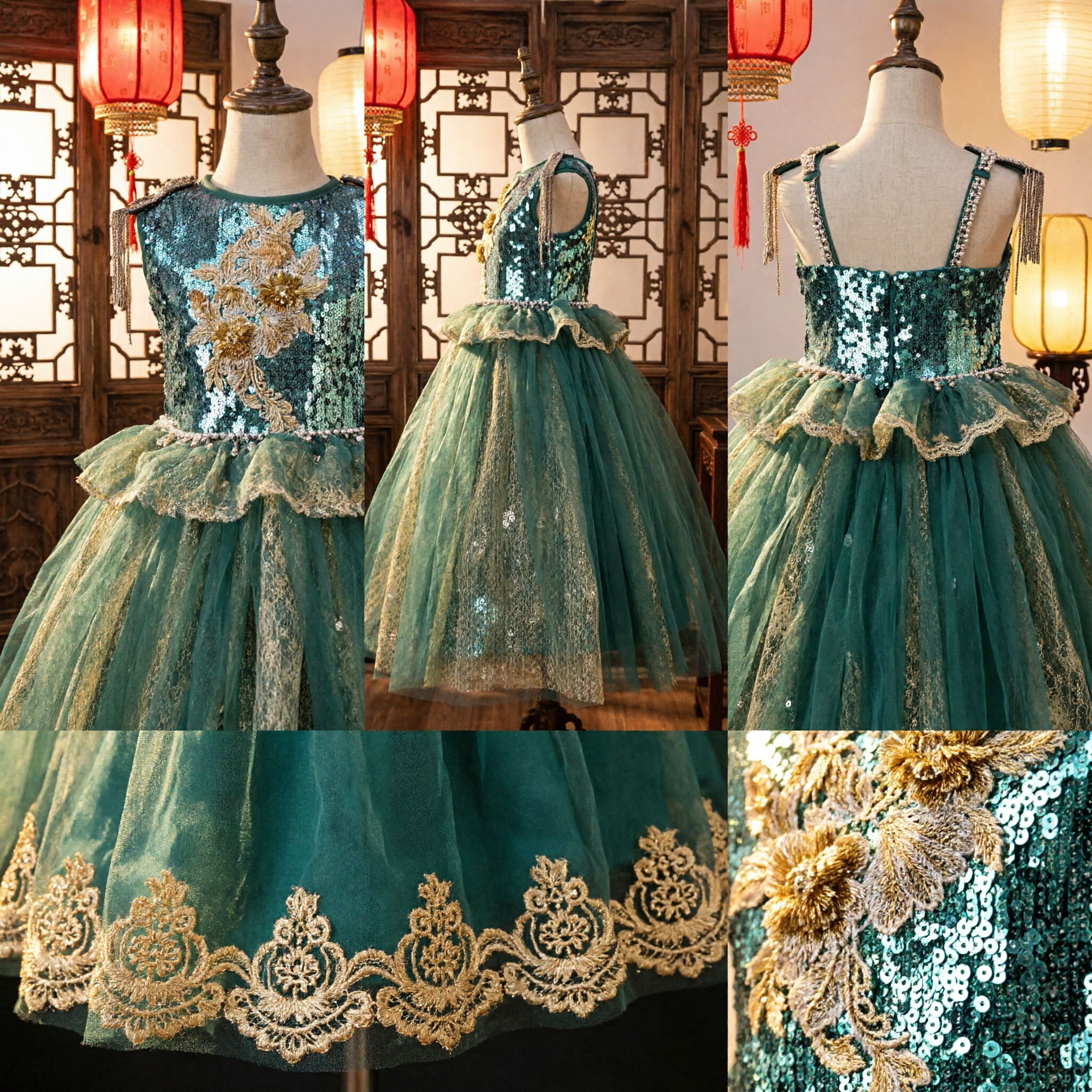 Children's Emerald Green Sequin Bodice Gold Lace Ballgown Formal Dress for Wedding Party Performance
