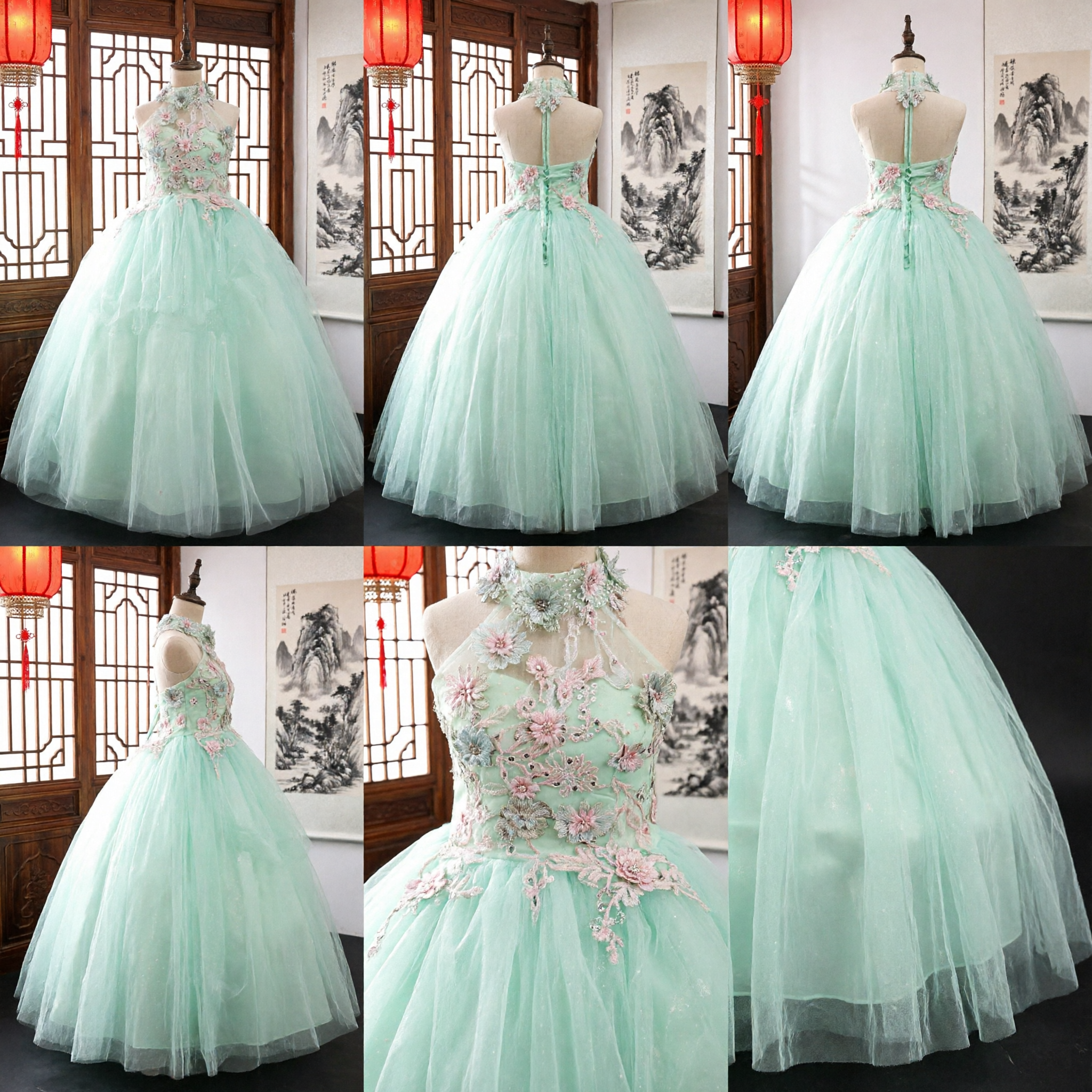 Mint Green Halter Flower Girl Dress Long Tulle Ball Gown with Floral Embroidery for Kids Weddings